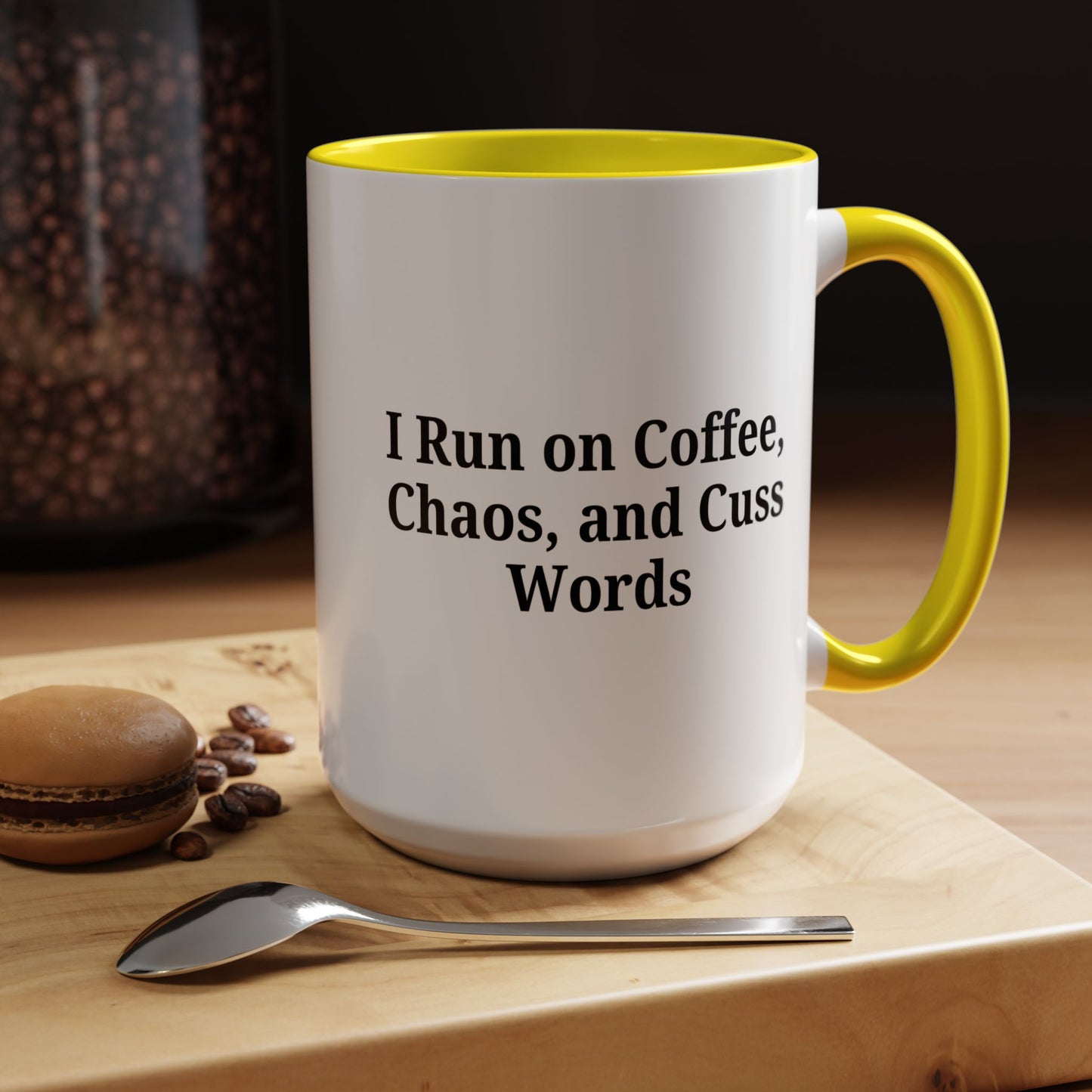 Funny Black Accent Coffee Mug - "I Run on Coffee, Chaos, and Cuss Words" - Ideal Gift for Coffee Lovers