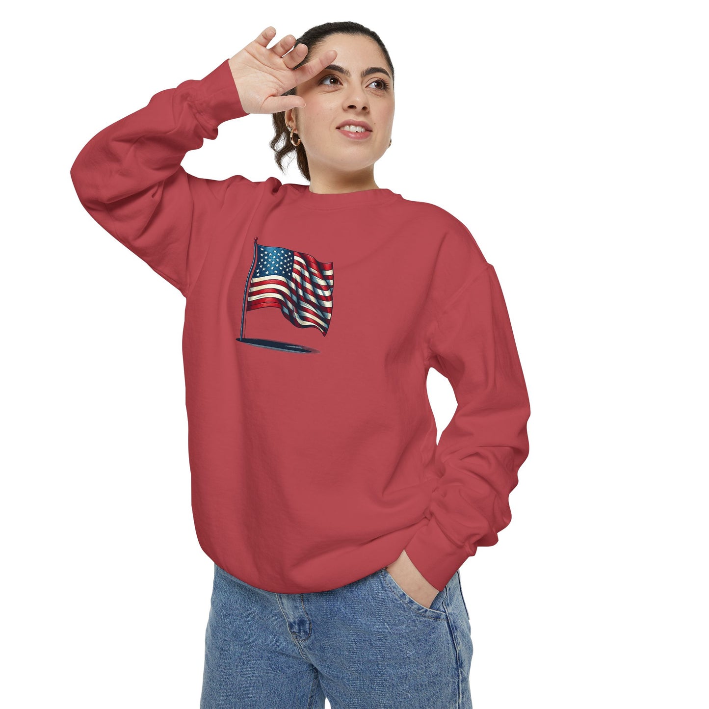 Patriotic Unisex Garment-Dyed Sweatshirt with Vintage American Flag, Cozy Fall Outfit, Statement Sweater, Gift for Veterans, Casual Fashion