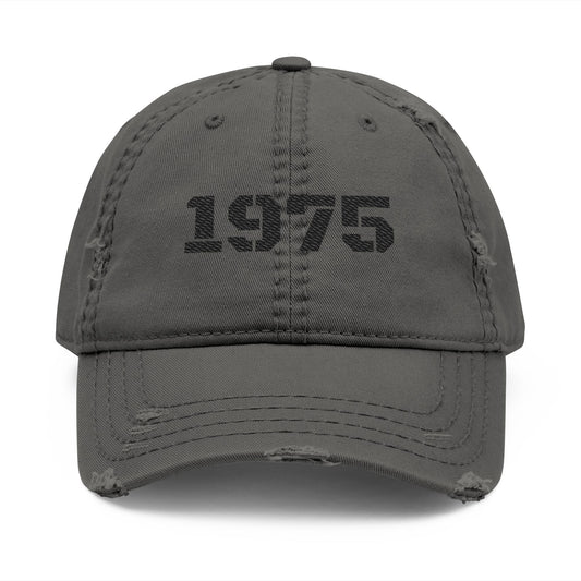 Distressed Dad Hat with 1975 Embroidery, Vintage Style Cap for Fathers, Gift for Birthdays, Casual Wear, Unisex Fashion Accessory