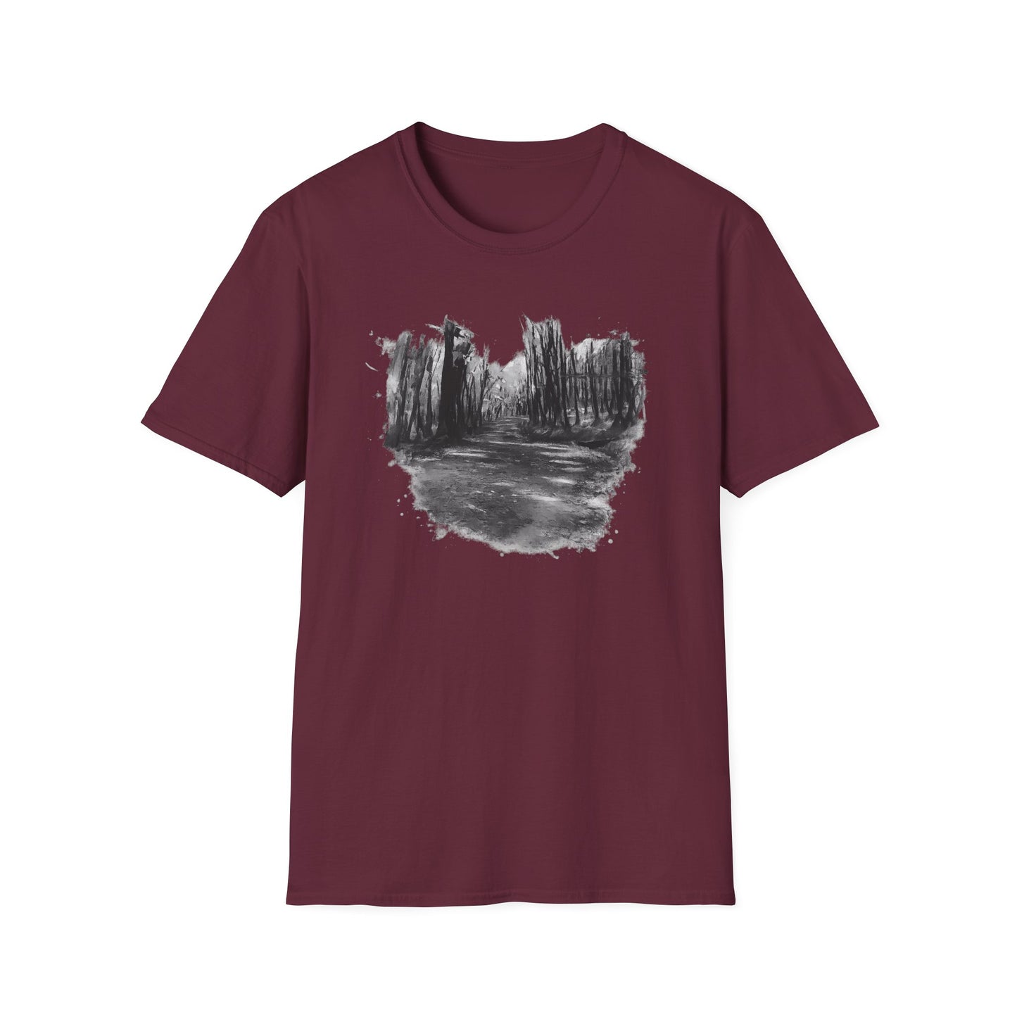 Unisex Softstyle T-Shirt with Abstract Landscape Art, Casual Wear, Gift for Art Lovers, Everyday Fashion, Nature Inspired Tee