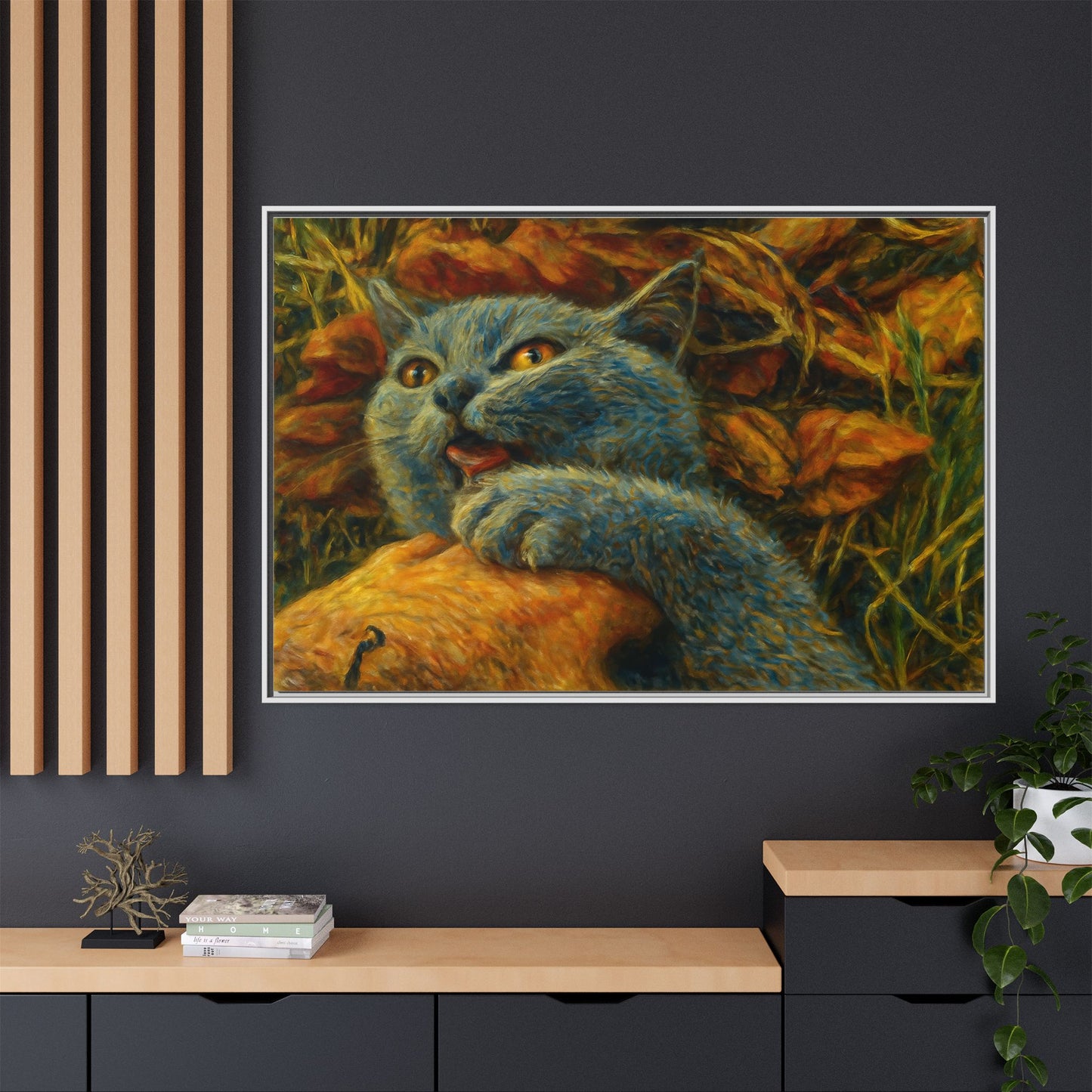Whimsical Cat Wall Art, Blue Cat Framed Print, Colorful Canvas Decor, Pet Lover Gift, Funny Home Accent