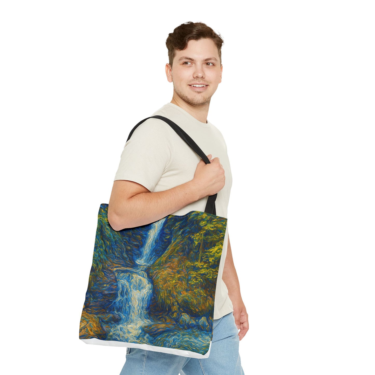 Nature-Inspired Tote Bag, Artistic Eco-Friendly Shopper, Waterfall Design, Reusable Market Bag, Gift for Nature Lovers
