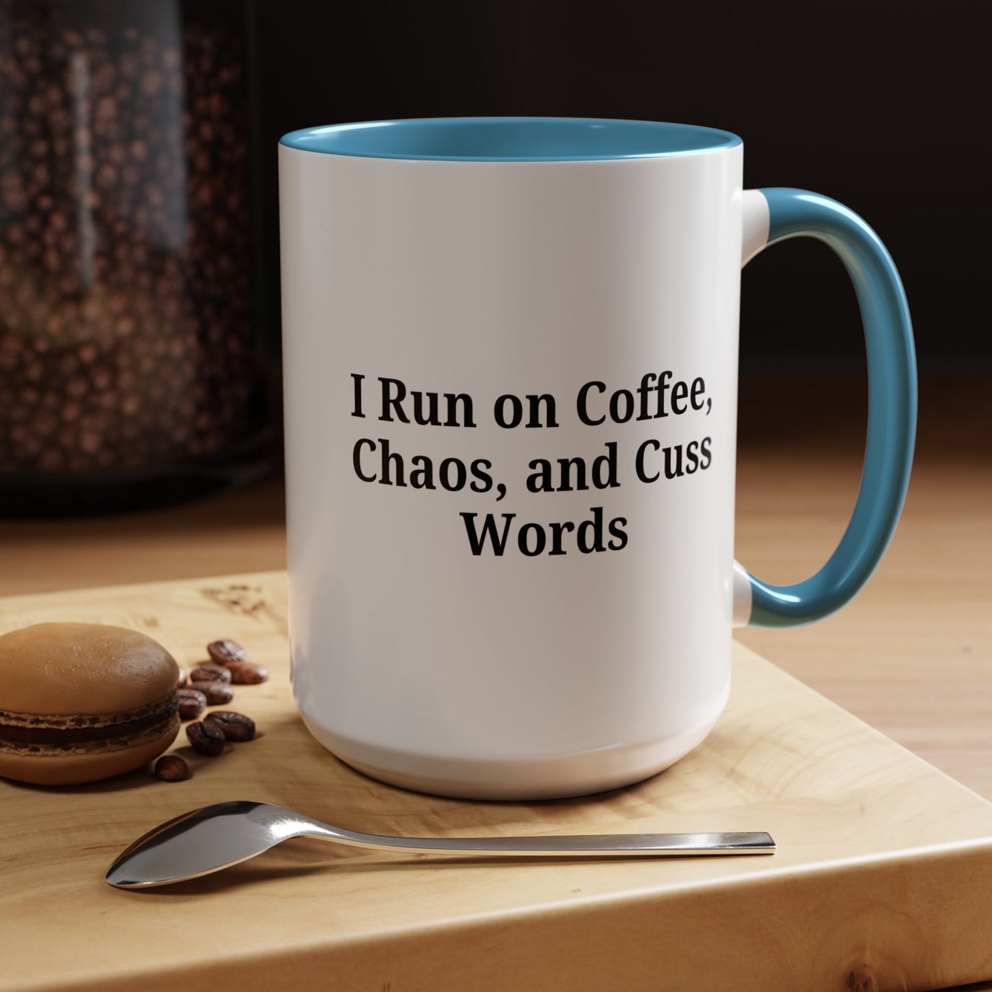 Funny Black Accent Coffee Mug - "I Run on Coffee, Chaos, and Cuss Words" - Ideal Gift for Coffee Lovers