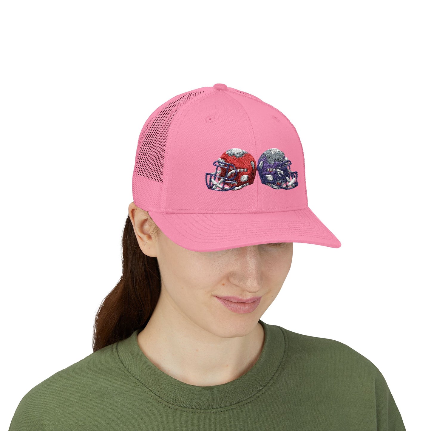 Sporty Snapback Trucker Cap with Football Helmets, Baseball Cap, Outdoor Activity Hat, Gift for Sports Fans, Team Spirit Wear