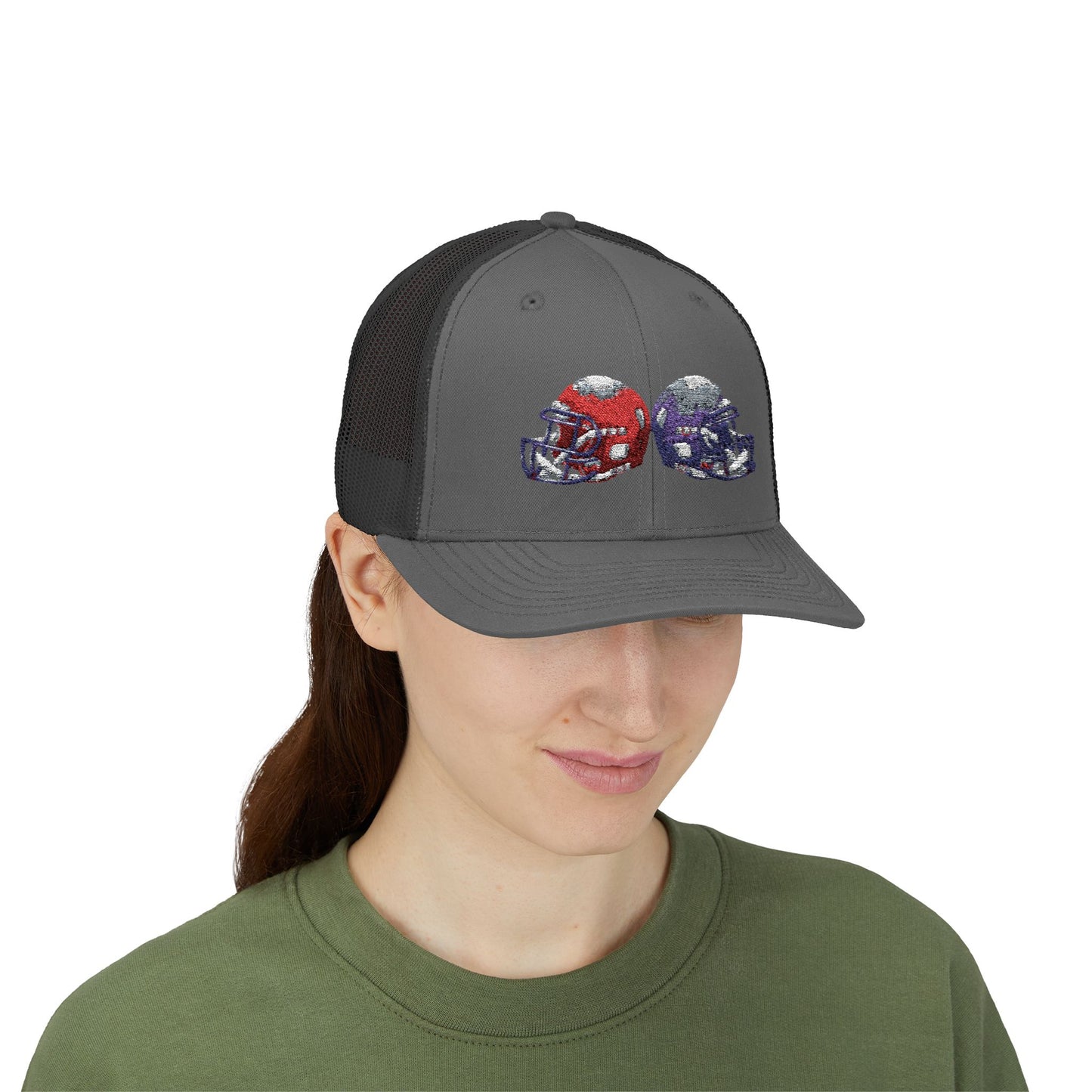 Sporty Snapback Trucker Cap with Football Helmets, Baseball Cap, Outdoor Activity Hat, Gift for Sports Fans, Team Spirit Wear
