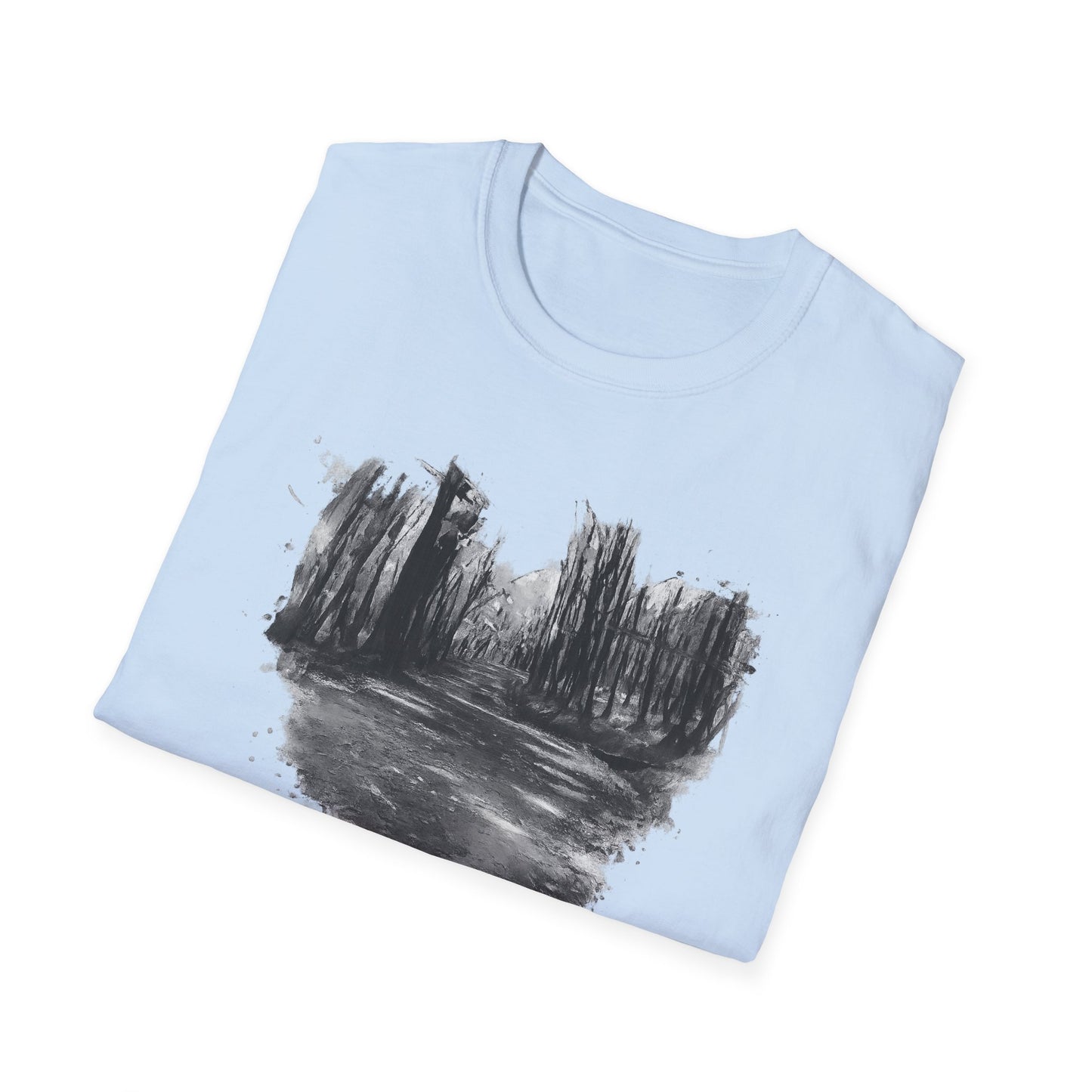 Unisex Softstyle T-Shirt with Abstract Landscape Art, Casual Wear, Gift for Art Lovers, Everyday Fashion, Nature Inspired Tee