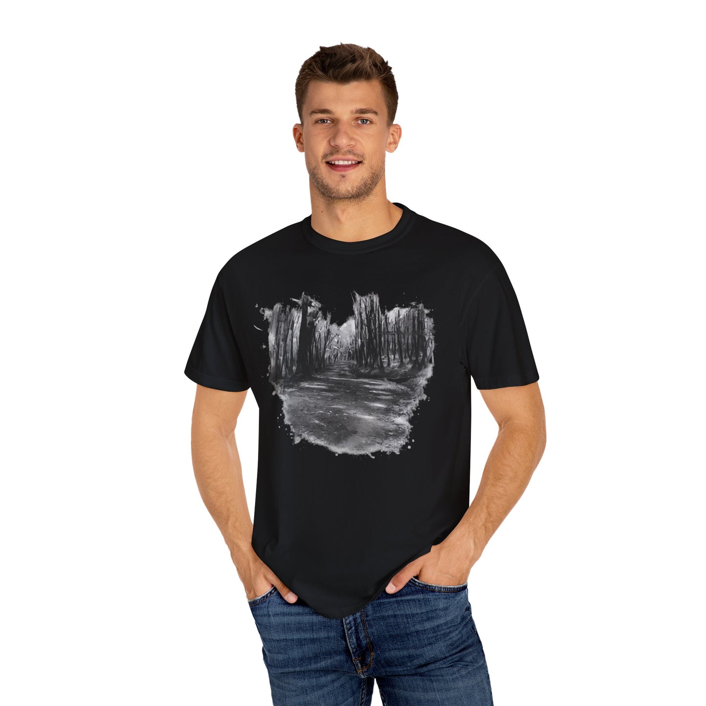 Artistic Forest Scene T-shirt | Nature Lover Gift, Outdoor Adventure Tee, Eco-Friendly Fashion, Vintage Inspired Clothing, Unisex Gift