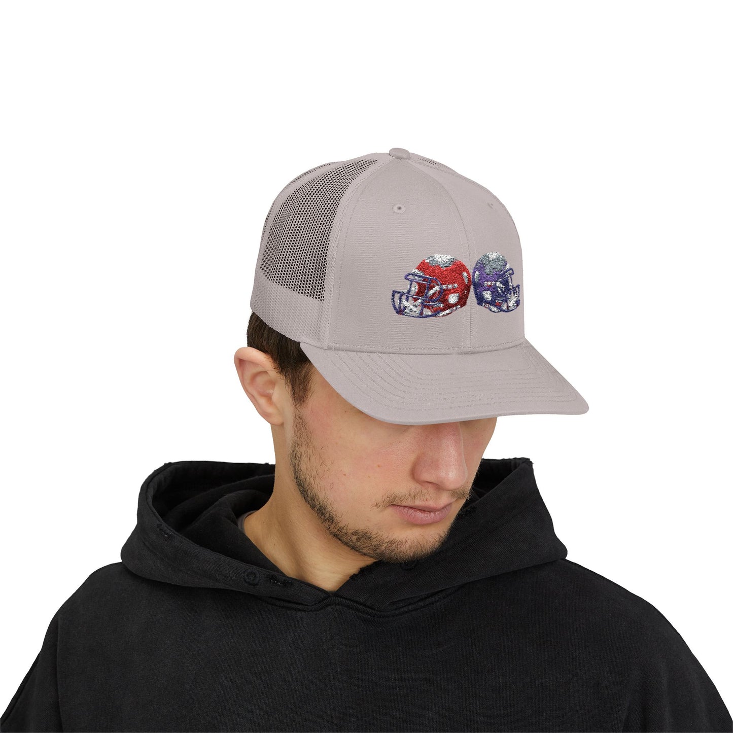 Sporty Snapback Trucker Cap with Football Helmets, Baseball Cap, Outdoor Activity Hat, Gift for Sports Fans, Team Spirit Wear