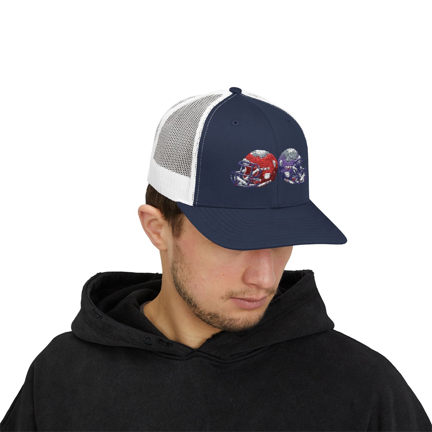 Sporty Snapback Trucker Cap with Football Helmets, Baseball Cap, Outdoor Activity Hat, Gift for Sports Fans, Team Spirit Wear