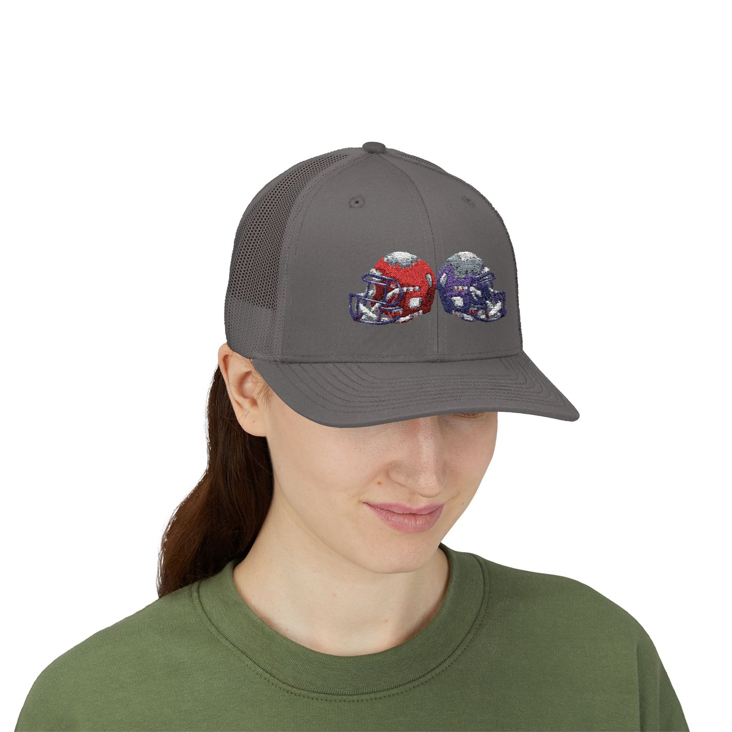 Sporty Snapback Trucker Cap with Football Helmets, Baseball Cap, Outdoor Activity Hat, Gift for Sports Fans, Team Spirit Wear