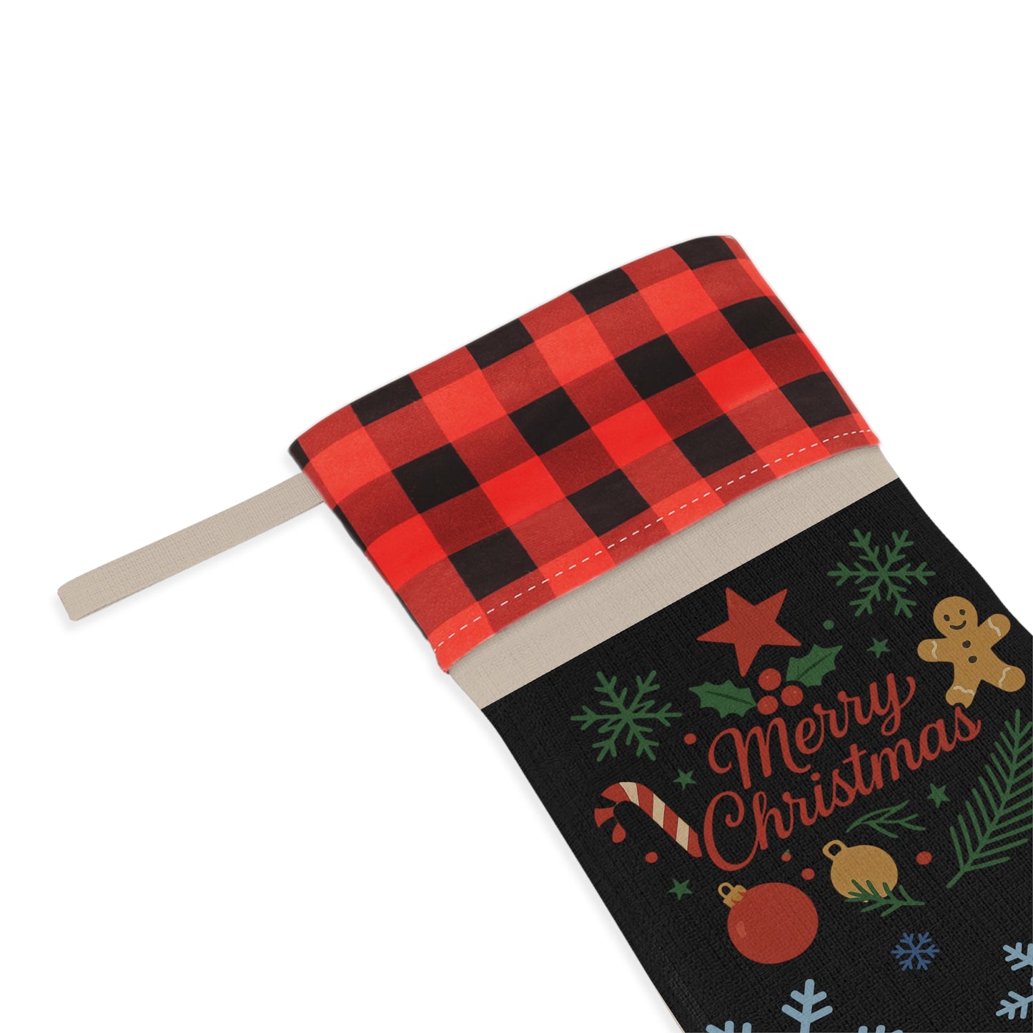 Merry Christmas Ornament & Snowflakes Christmas Stocking | Buffalo Plaid Cuff