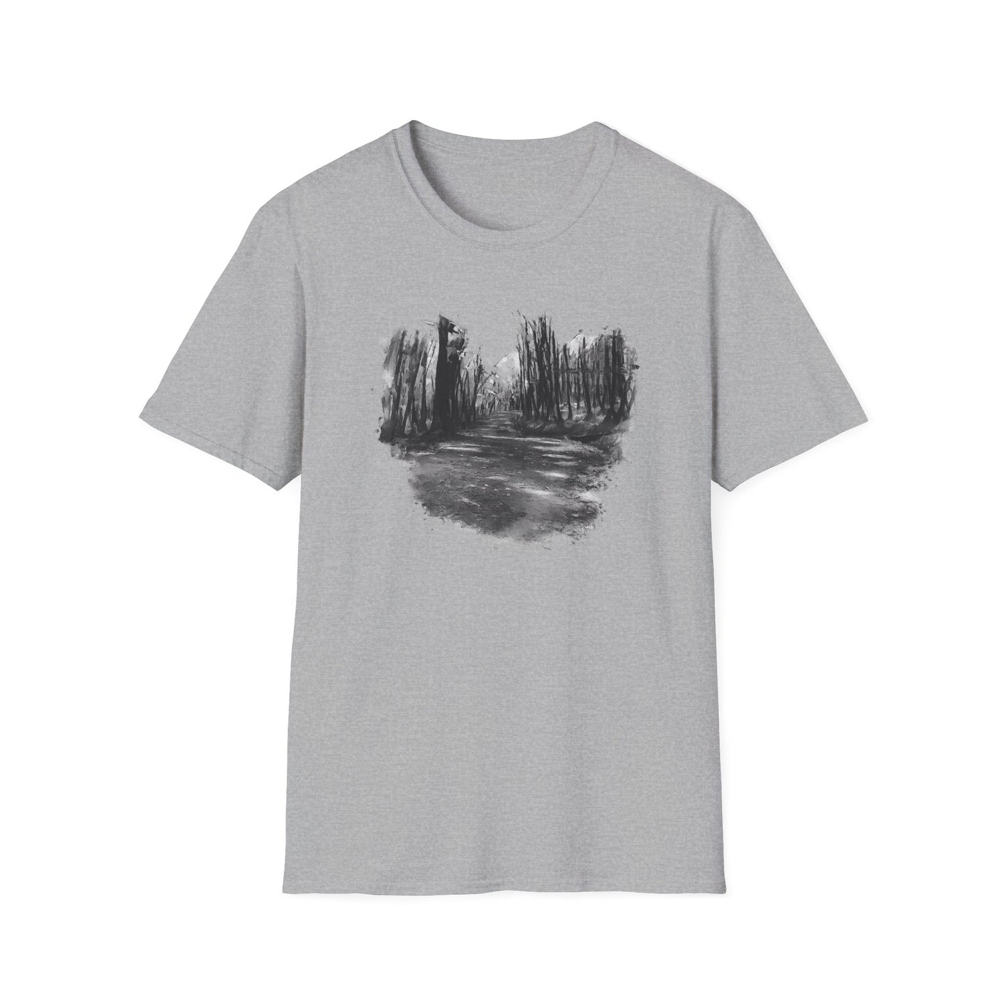 Unisex Softstyle T-Shirt with Abstract Landscape Art, Casual Wear, Gift for Art Lovers, Everyday Fashion, Nature Inspired Tee
