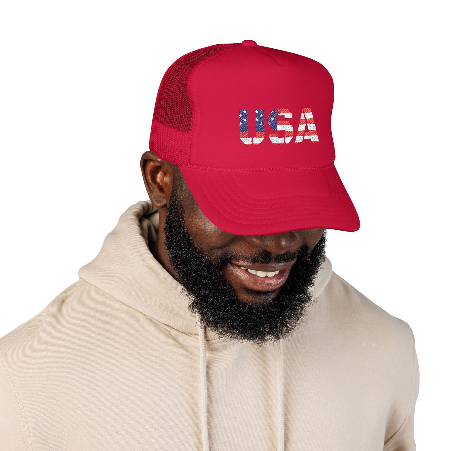 USA Flag Embroidered Foam Trucker Hat, Patriotic Cap, Red Mesh Hat, Summer Outdoor Gear, Festival Accessory, July 4th Gift