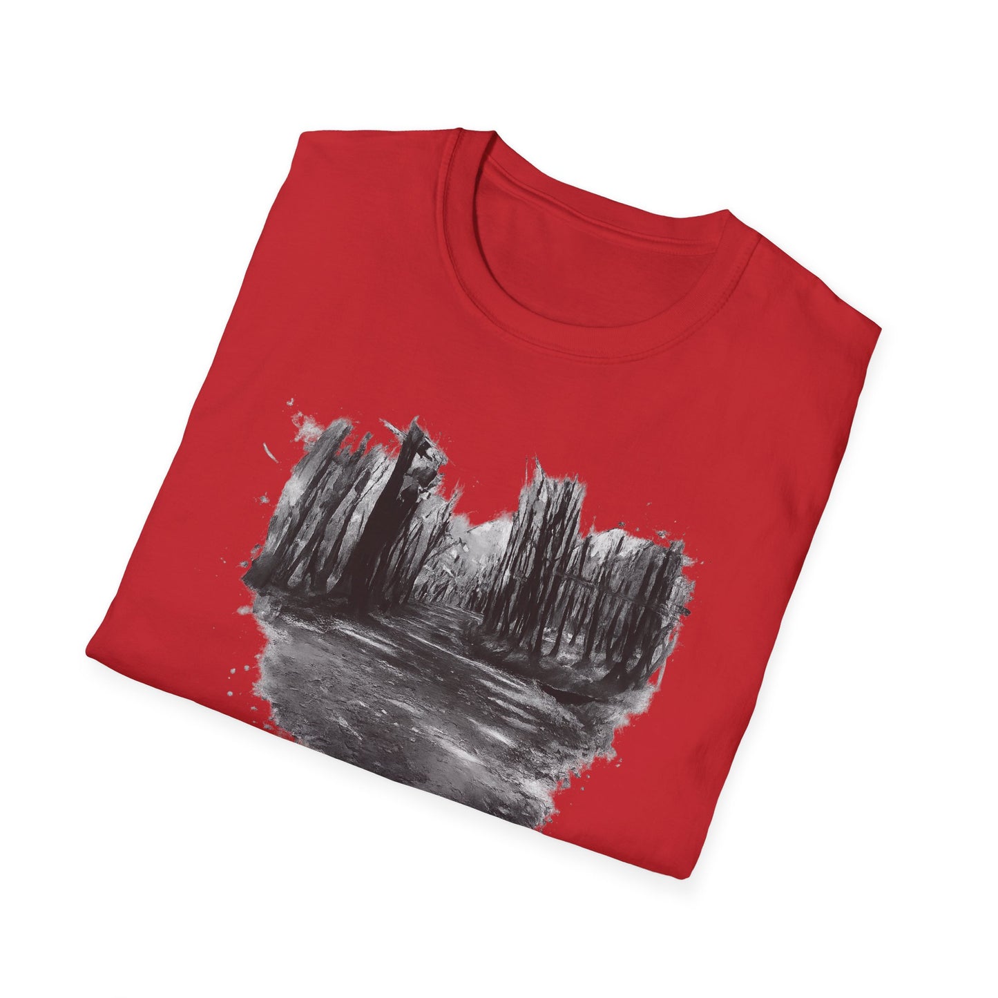Unisex Softstyle T-Shirt with Abstract Landscape Art, Casual Wear, Gift for Art Lovers, Everyday Fashion, Nature Inspired Tee