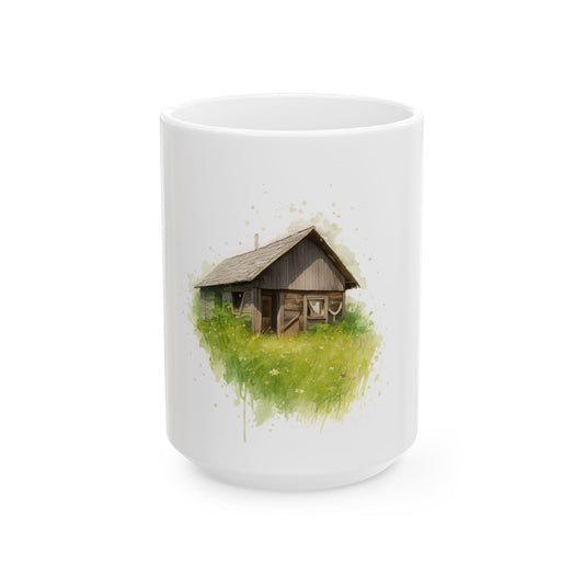 Rustic Cabin Ceramic Mug - Cozy Coffee Cup for Nature Lovers, Gift for Home, Farmhouse Decor, Tea Time, Camping Enthusiasts