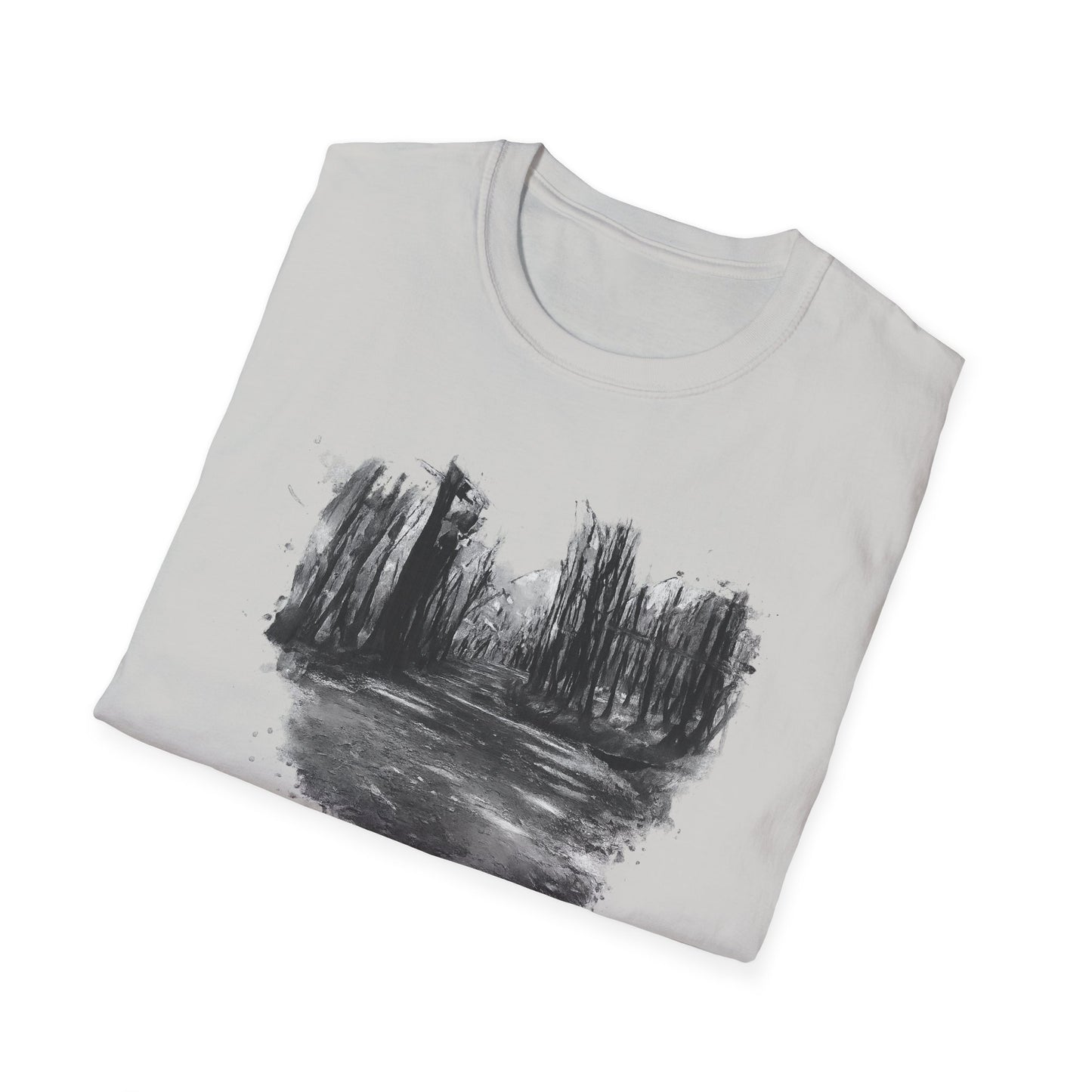 Unisex Softstyle T-Shirt with Abstract Landscape Art, Casual Wear, Gift for Art Lovers, Everyday Fashion, Nature Inspired Tee