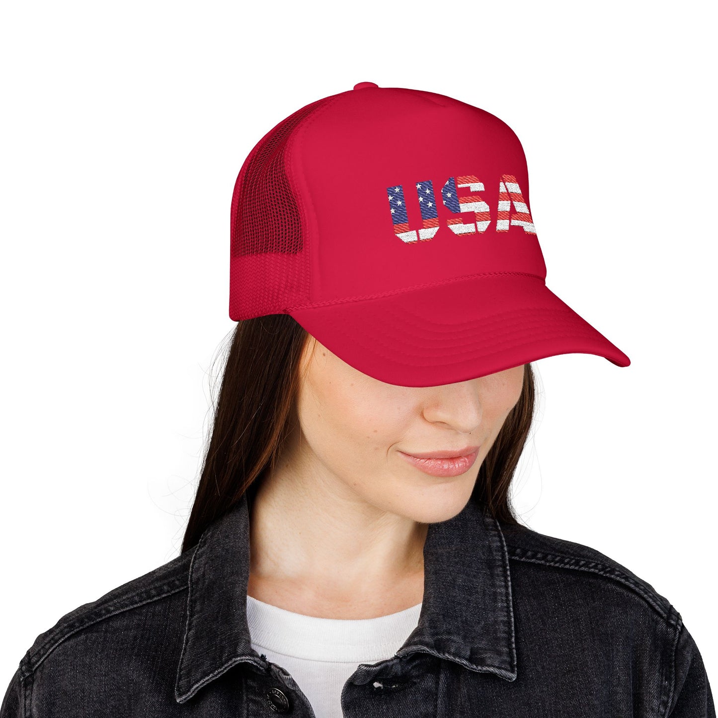 USA Flag Embroidered Foam Trucker Hat, Patriotic Cap, Red Mesh Hat, Summer Outdoor Gear, Festival Accessory, July 4th Gift