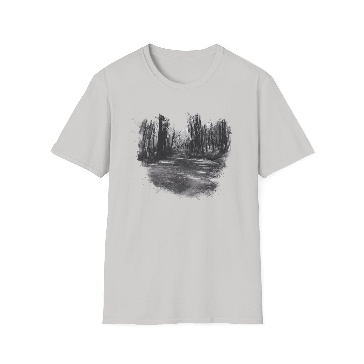 Unisex Softstyle T-Shirt with Abstract Landscape Art, Casual Wear, Gift for Art Lovers, Everyday Fashion, Nature Inspired Tee