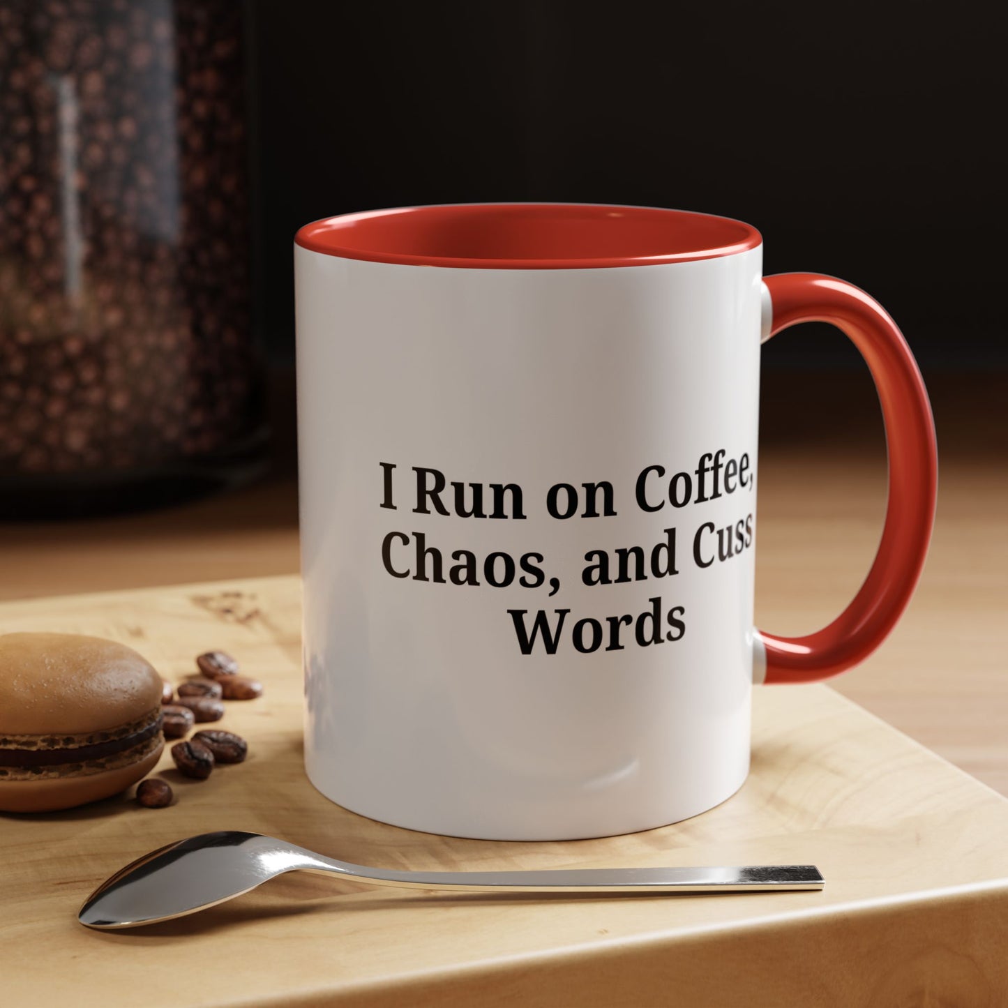 Funny Black Accent Coffee Mug - "I Run on Coffee, Chaos, and Cuss Words" - Ideal Gift for Coffee Lovers