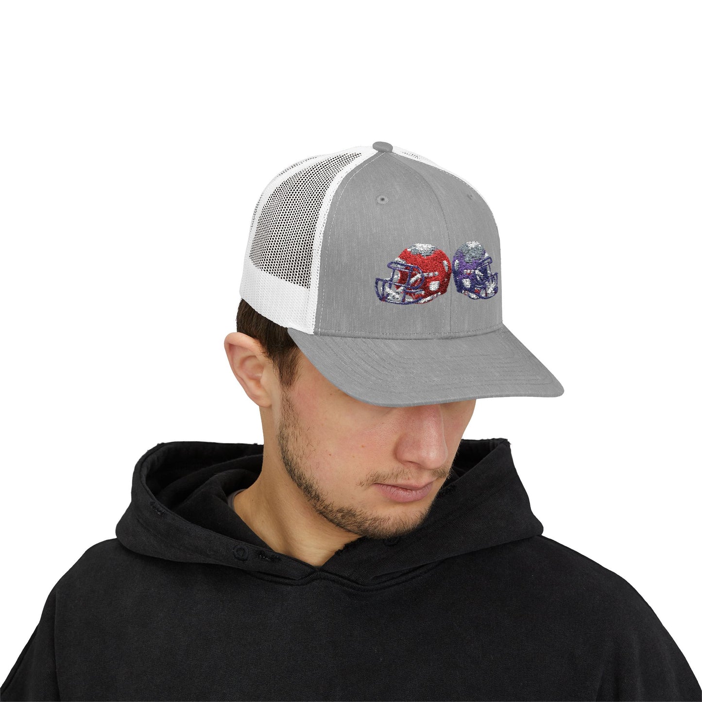 Sporty Snapback Trucker Cap with Football Helmets, Baseball Cap, Outdoor Activity Hat, Gift for Sports Fans, Team Spirit Wear