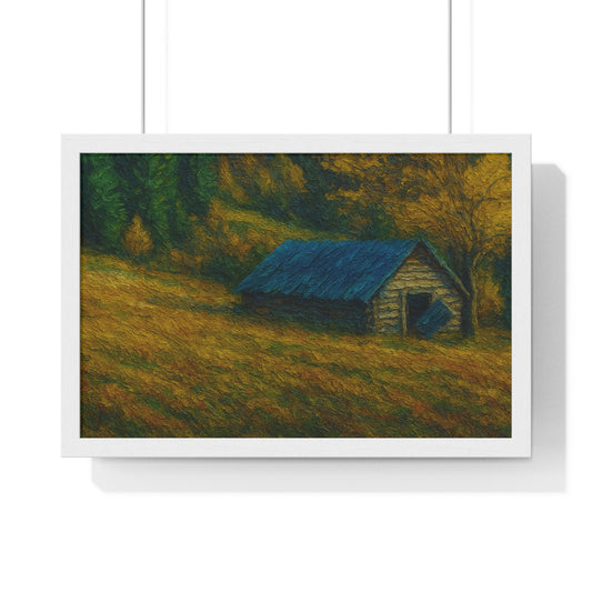 Rustic Cabin Framed Poster, Nature Wall Art, Cozy Home Decor, Gift for Farmhouse Lovers, Autumn Landscape Print