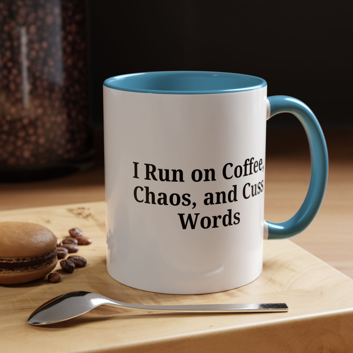 Funny Black Accent Coffee Mug - "I Run on Coffee, Chaos, and Cuss Words" - Ideal Gift for Coffee Lovers