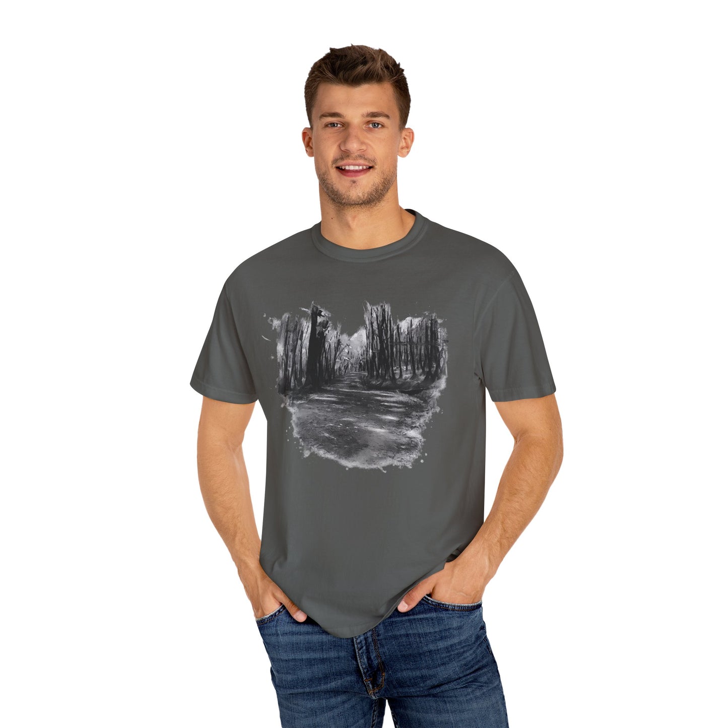 Artistic Forest Scene T-shirt | Nature Lover Gift, Outdoor Adventure Tee, Eco-Friendly Fashion, Vintage Inspired Clothing, Unisex Gift