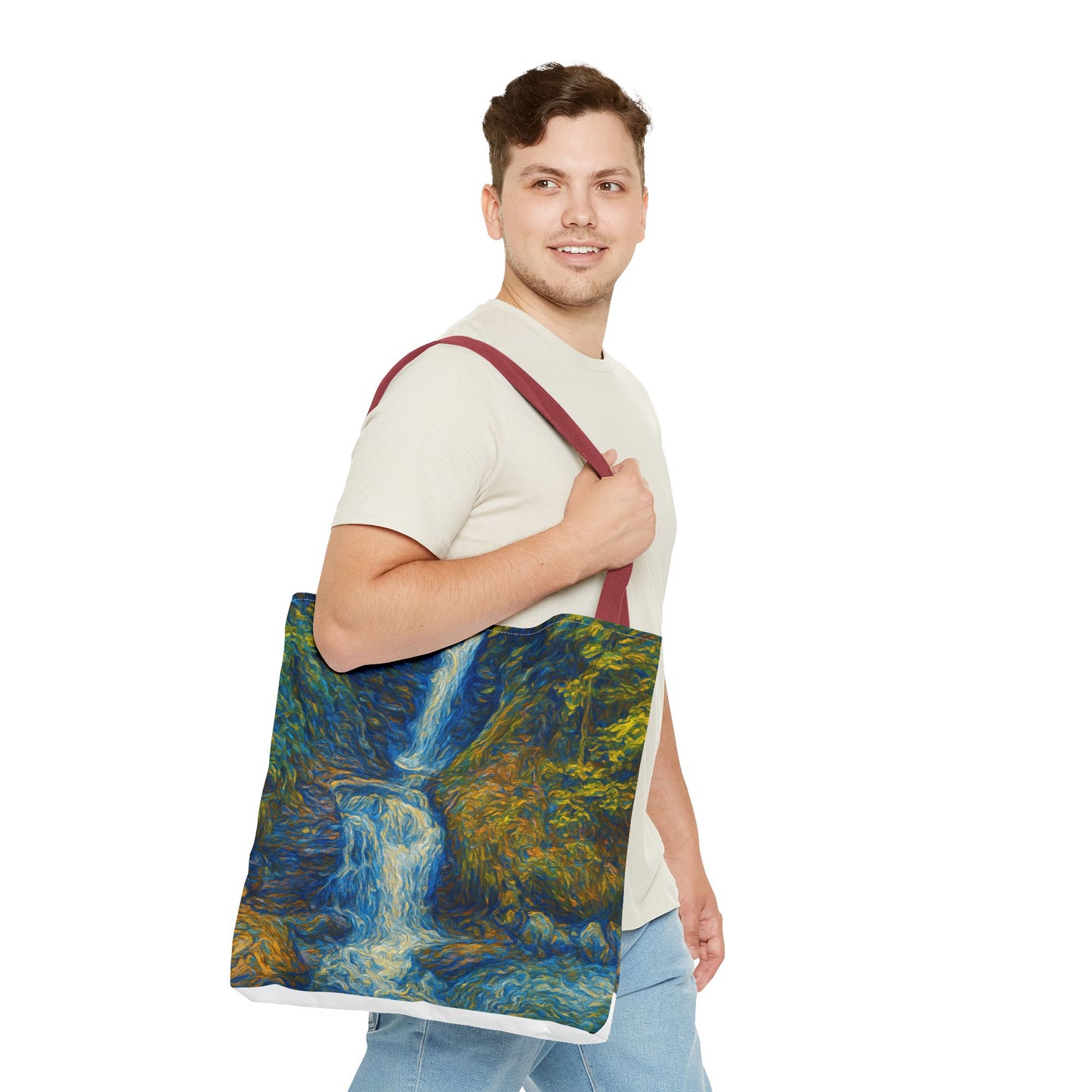 Nature-Inspired Tote Bag, Artistic Eco-Friendly Shopper, Waterfall Design, Reusable Market Bag, Gift for Nature Lovers
