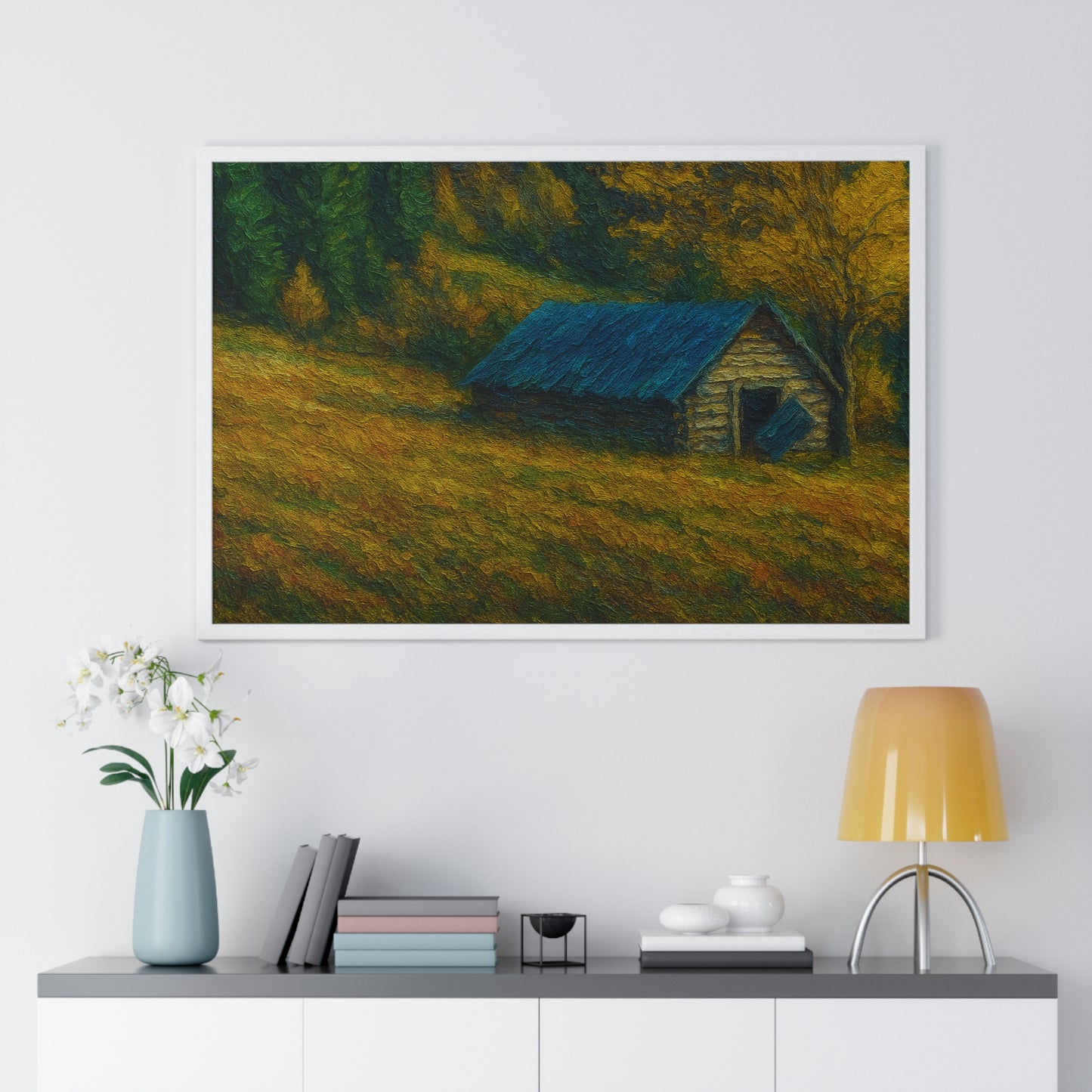Rustic Cabin Framed Poster, Nature Wall Art, Cozy Home Decor, Gift for Farmhouse Lovers, Autumn Landscape Print