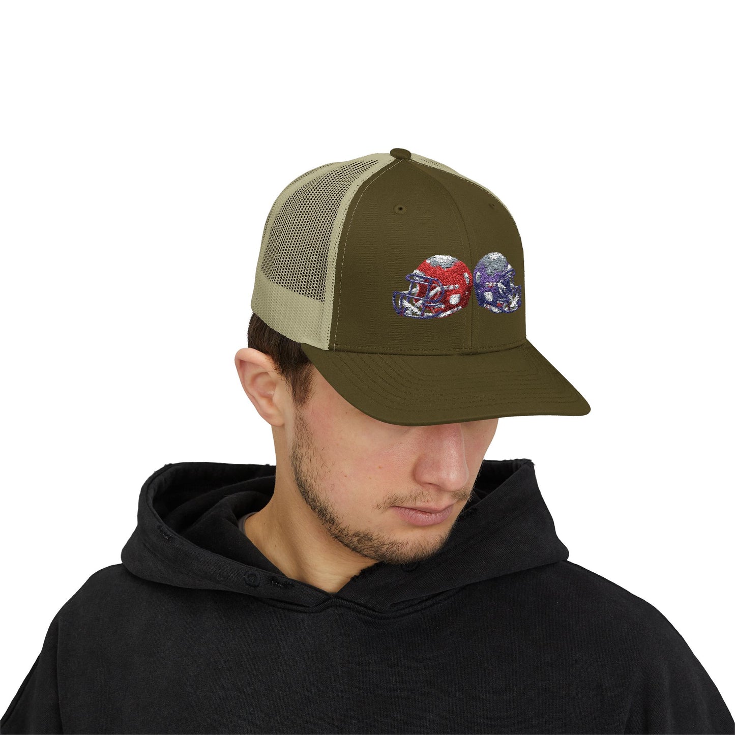 Sporty Snapback Trucker Cap with Football Helmets, Baseball Cap, Outdoor Activity Hat, Gift for Sports Fans, Team Spirit Wear