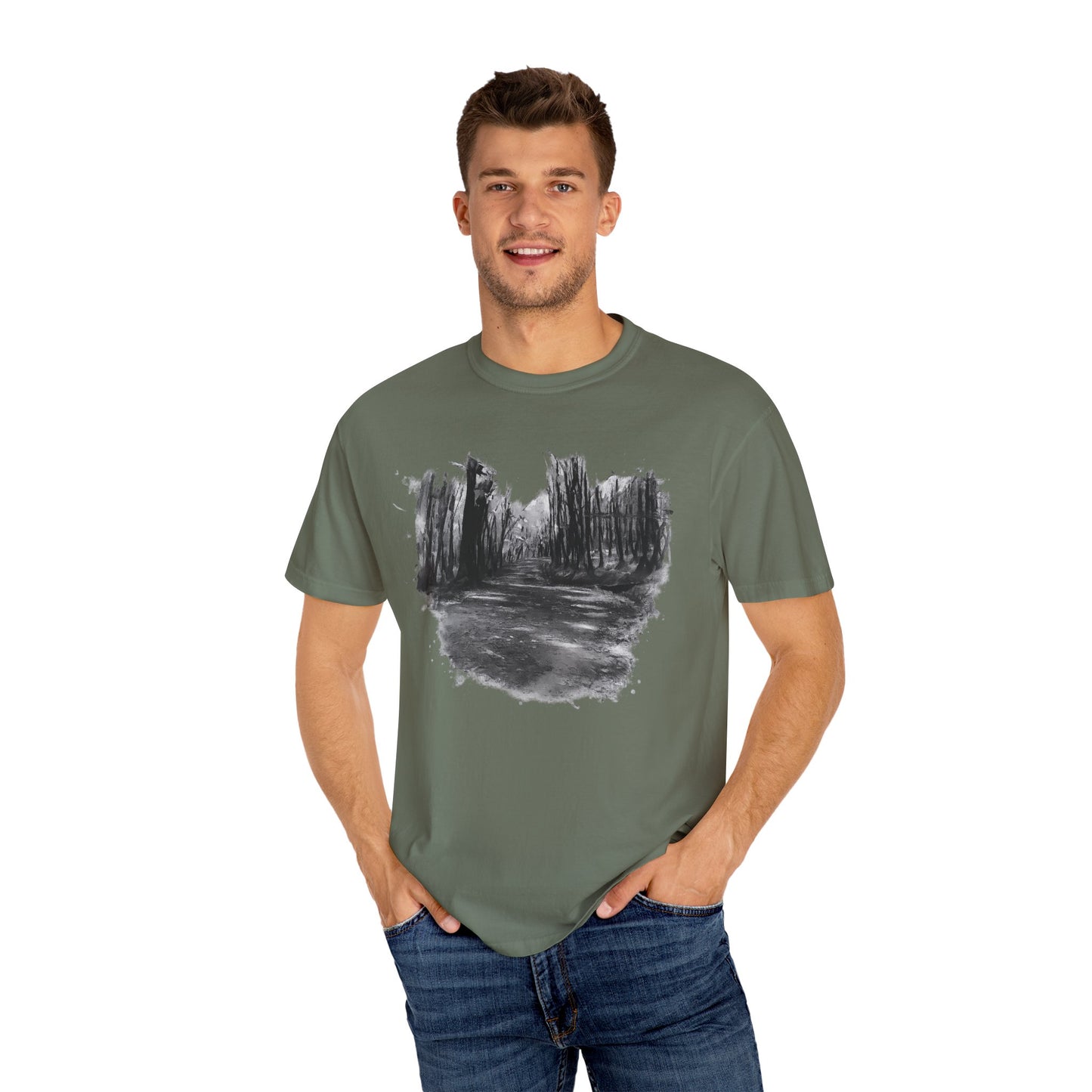 Artistic Forest Scene T-shirt | Nature Lover Gift, Outdoor Adventure Tee, Eco-Friendly Fashion, Vintage Inspired Clothing, Unisex Gift