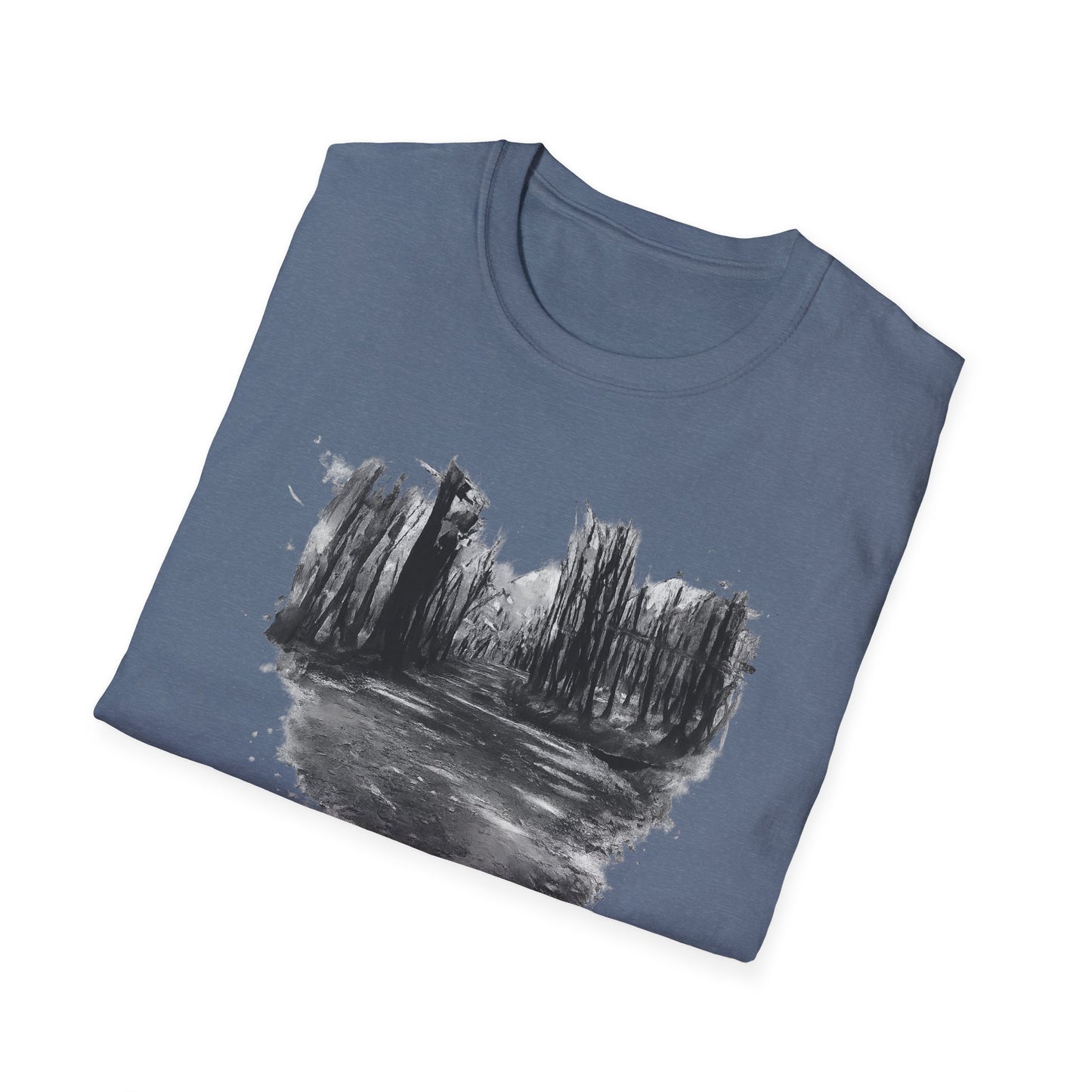 Unisex Softstyle T-Shirt with Abstract Landscape Art, Casual Wear, Gift for Art Lovers, Everyday Fashion, Nature Inspired Tee