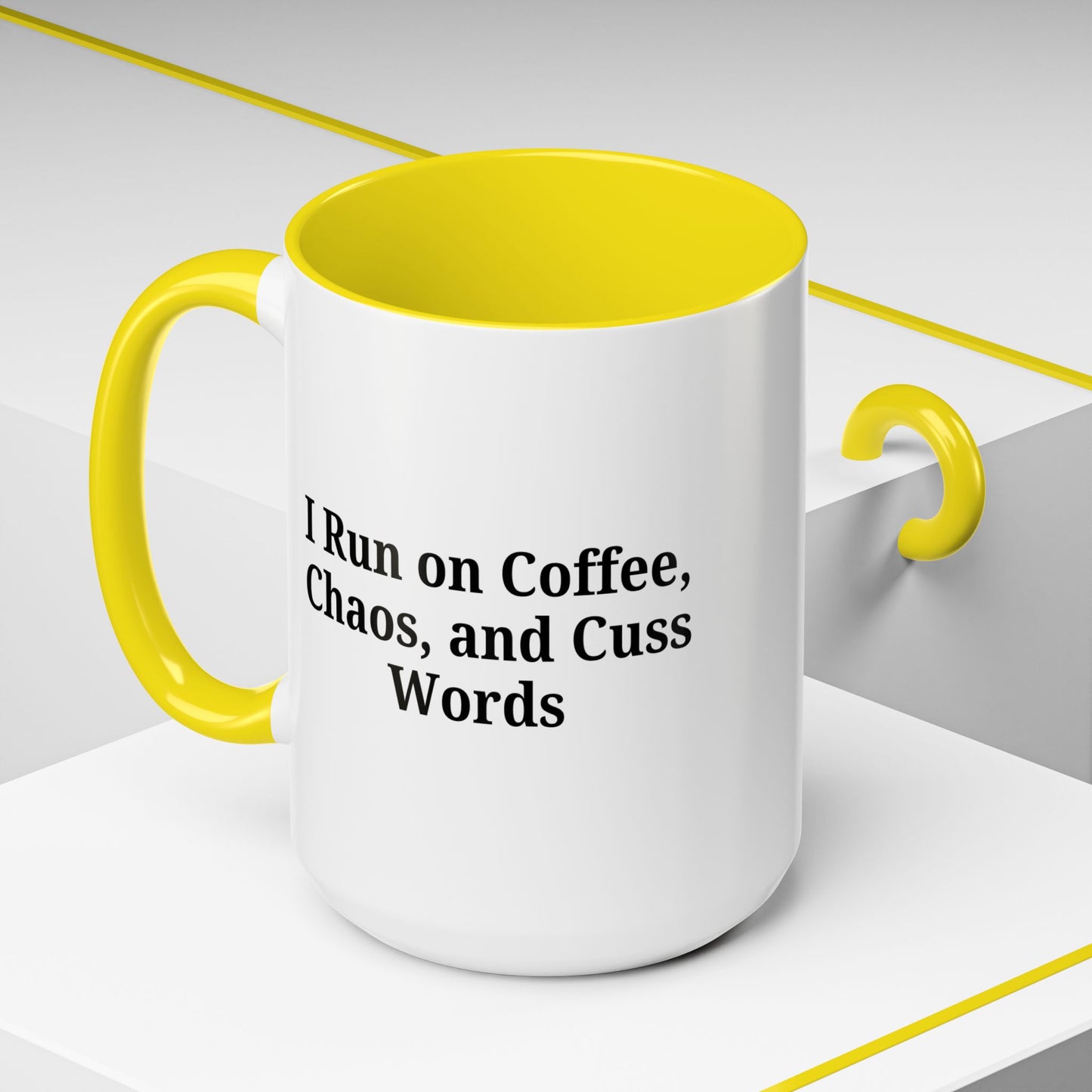 Funny Black Accent Coffee Mug - "I Run on Coffee, Chaos, and Cuss Words" - Ideal Gift for Coffee Lovers