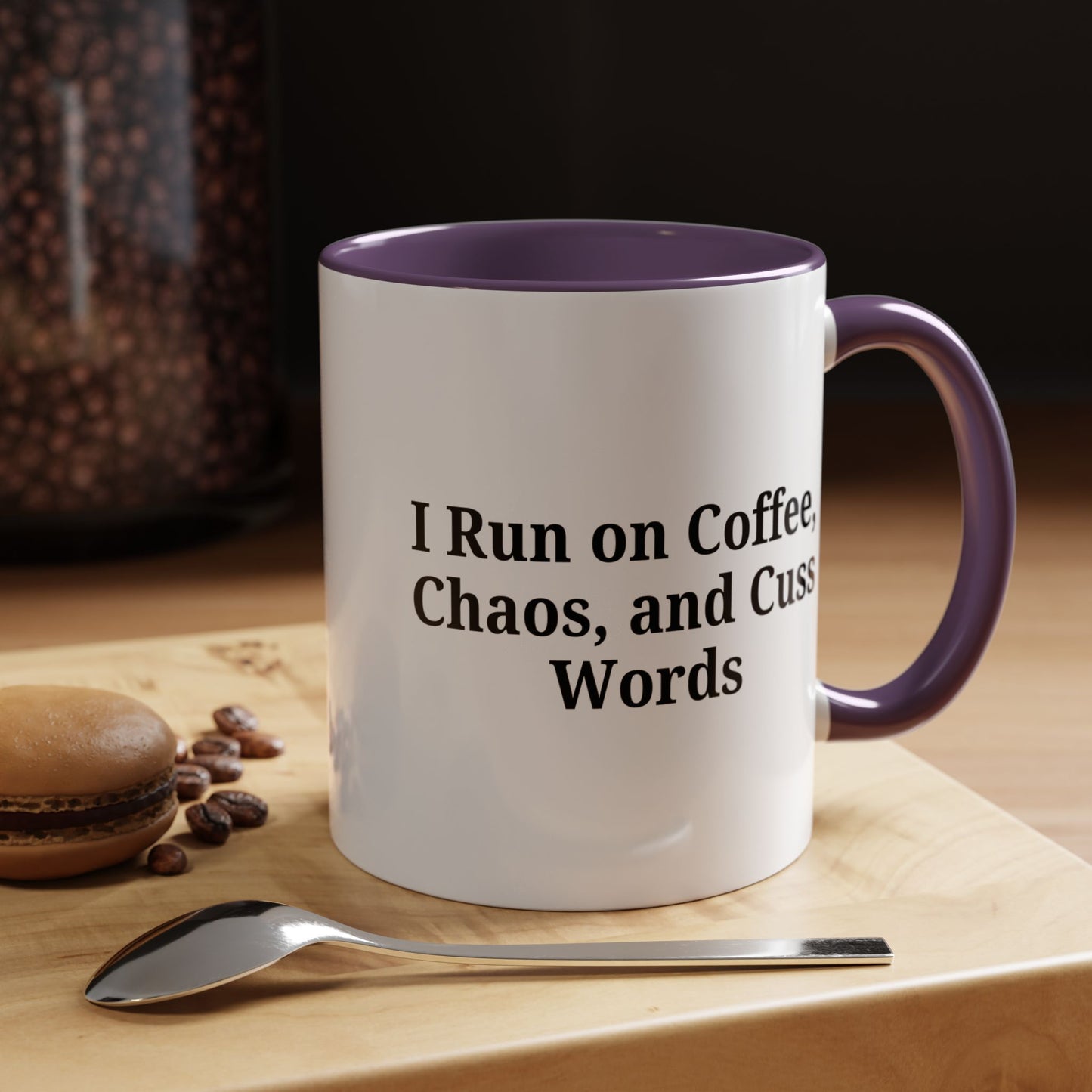 Funny Black Accent Coffee Mug - "I Run on Coffee, Chaos, and Cuss Words" - Ideal Gift for Coffee Lovers
