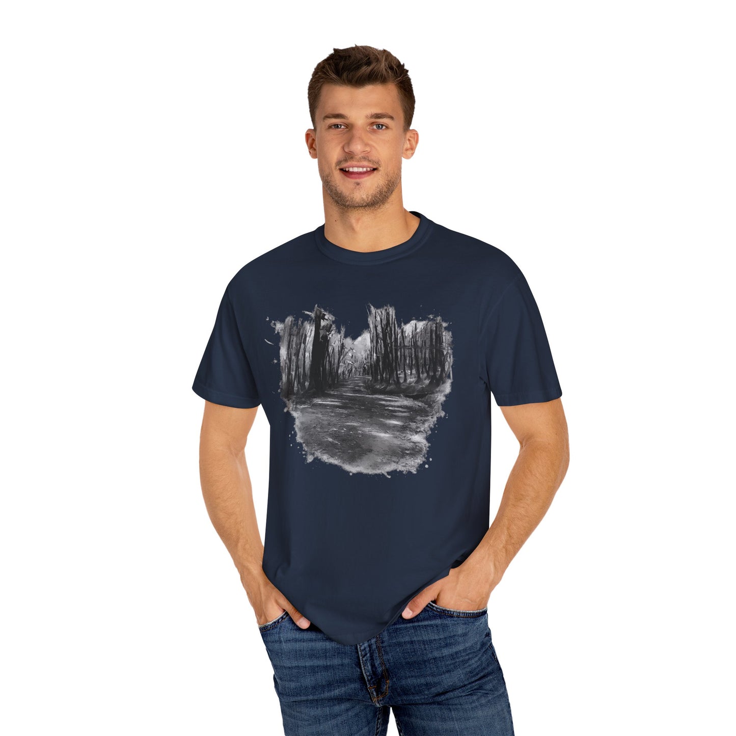 Artistic Forest Scene T-shirt | Nature Lover Gift, Outdoor Adventure Tee, Eco-Friendly Fashion, Vintage Inspired Clothing, Unisex Gift