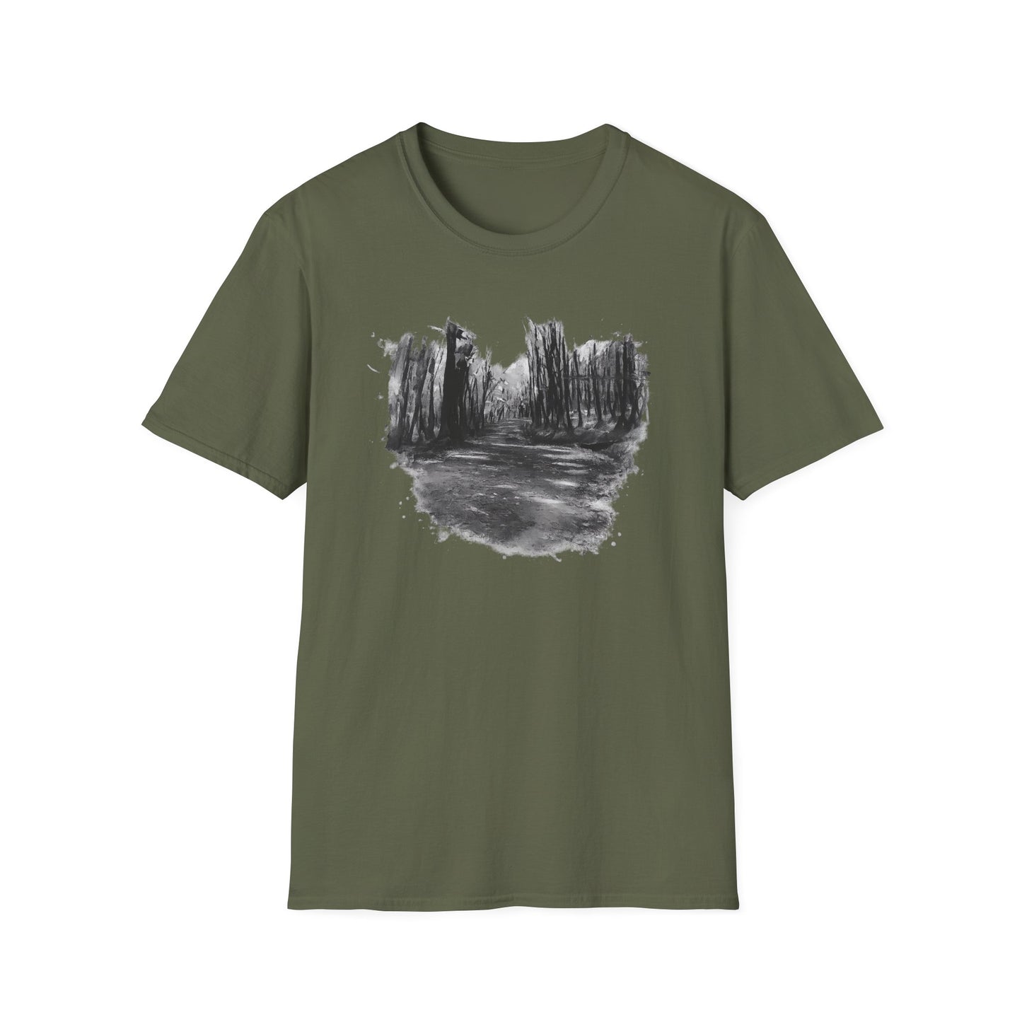 Unisex Softstyle T-Shirt with Abstract Landscape Art, Casual Wear, Gift for Art Lovers, Everyday Fashion, Nature Inspired Tee