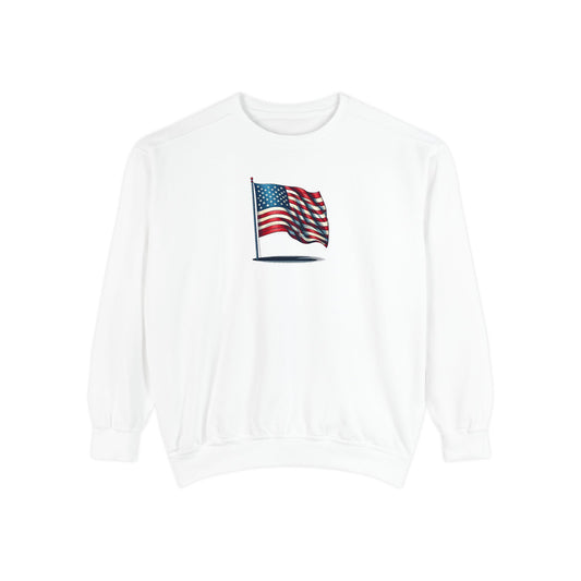 Patriotic Unisex Garment-Dyed Sweatshirt with Vintage American Flag, Cozy Fall Outfit, Statement Sweater, Gift for Veterans, Casual Fashion
