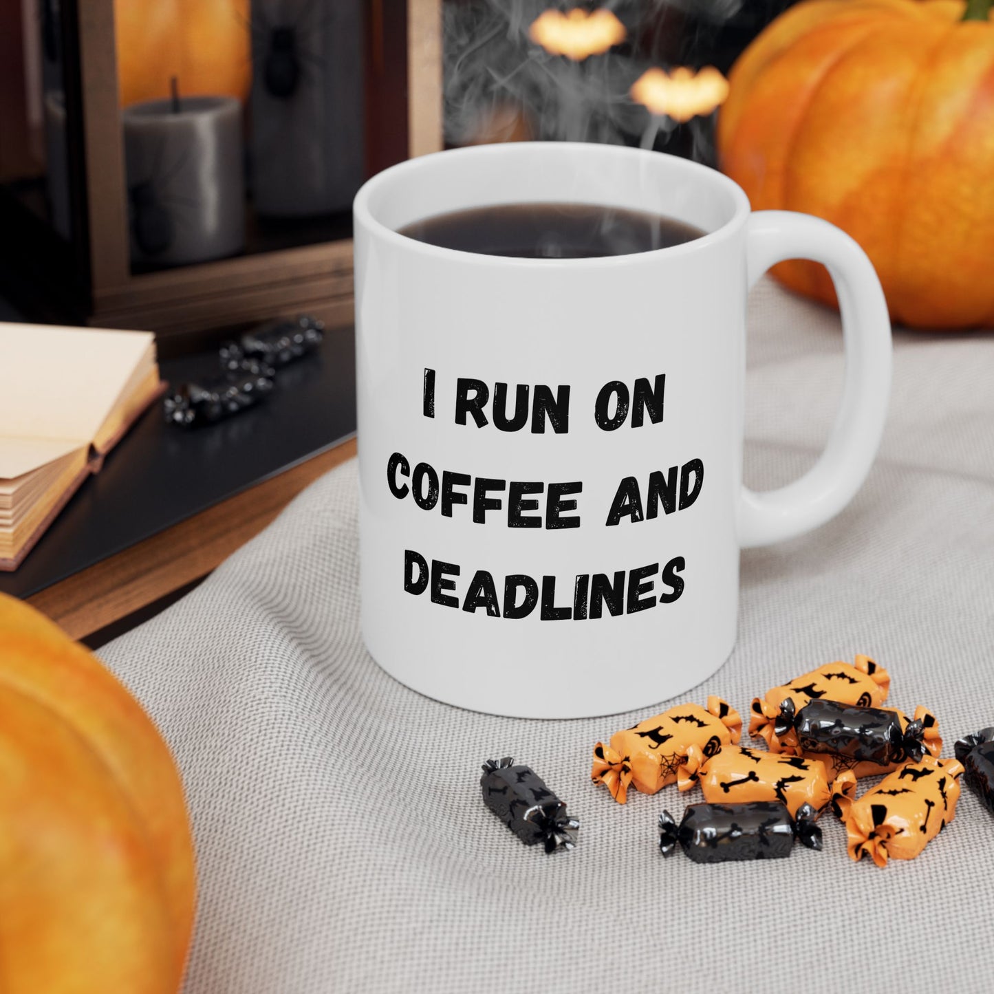 Funny Ceramic Coffee Mug - "I Run on Coffee and Deadlines" - 11oz & 15oz Options