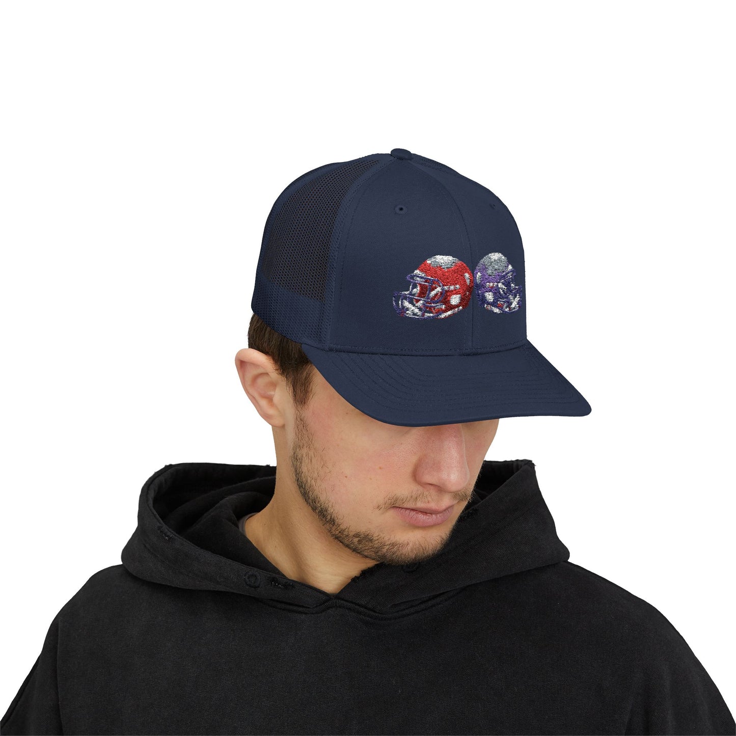 Sporty Snapback Trucker Cap with Football Helmets, Baseball Cap, Outdoor Activity Hat, Gift for Sports Fans, Team Spirit Wear