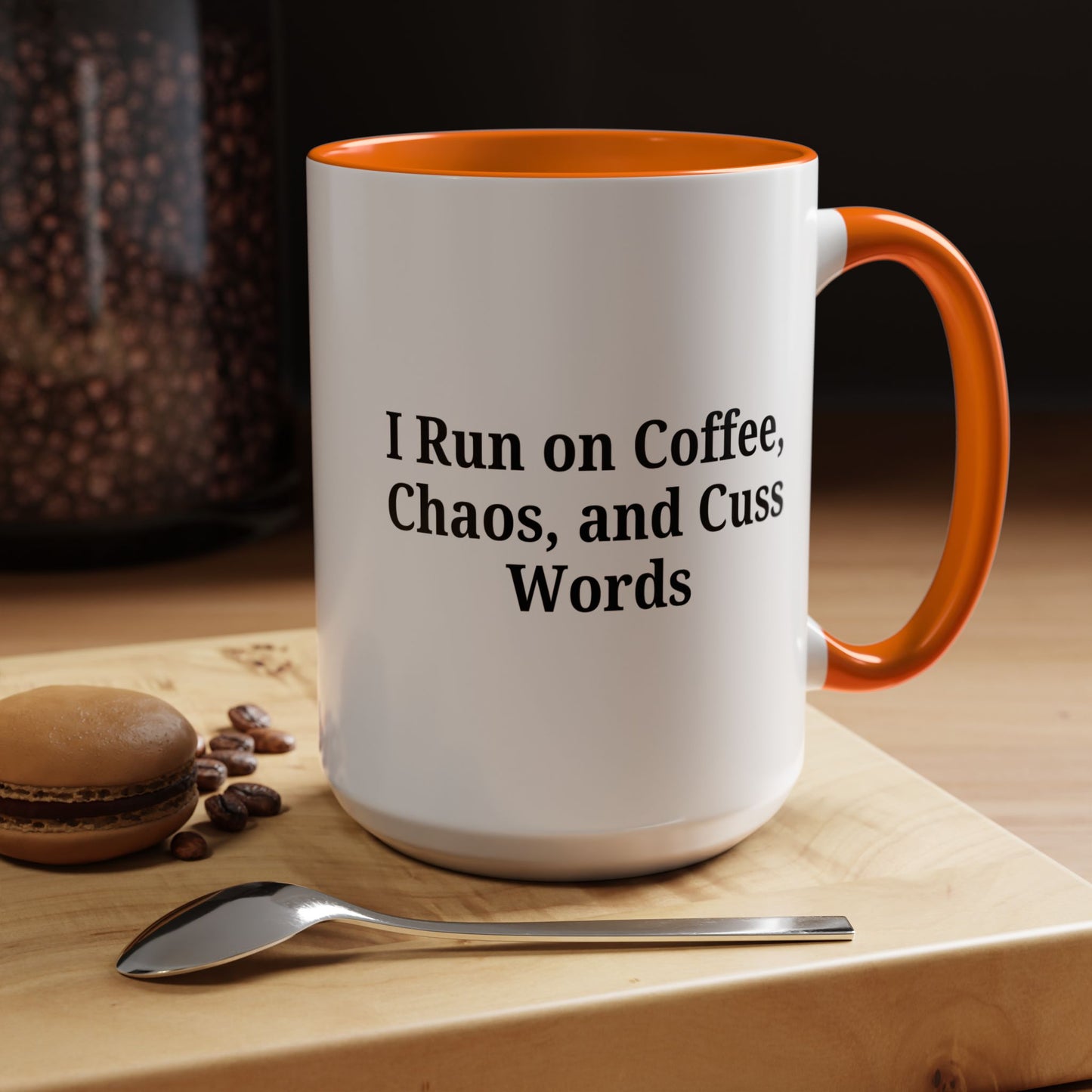 Funny Black Accent Coffee Mug - "I Run on Coffee, Chaos, and Cuss Words" - Ideal Gift for Coffee Lovers
