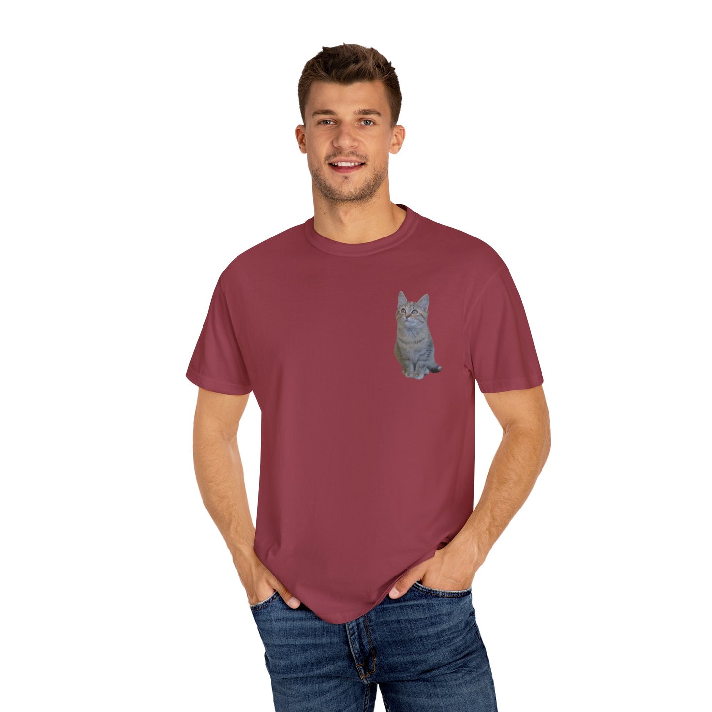 Whimsical Cat Pocket T-Shirt for Cat Lovers