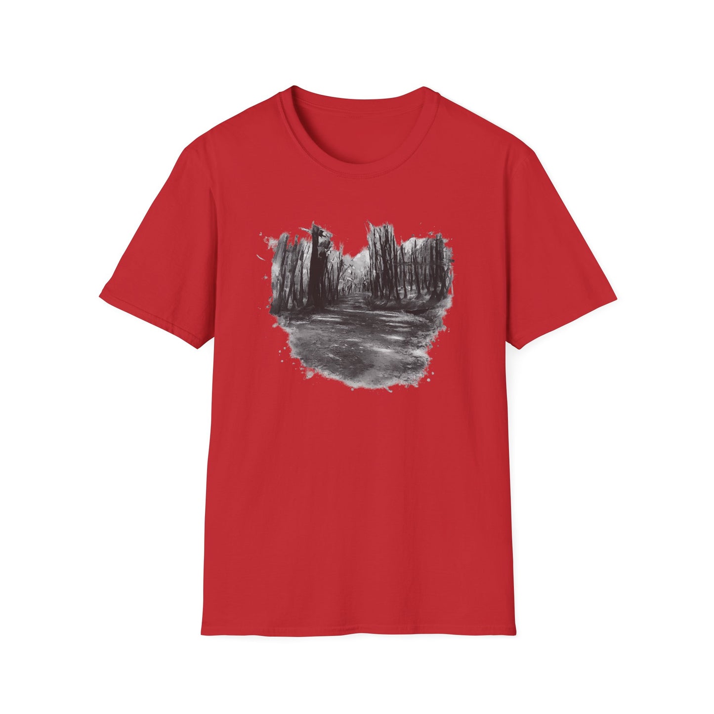 Unisex Softstyle T-Shirt with Abstract Landscape Art, Casual Wear, Gift for Art Lovers, Everyday Fashion, Nature Inspired Tee