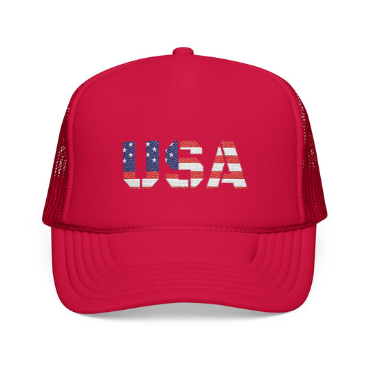 USA Flag Embroidered Foam Trucker Hat, Patriotic Cap, Red Mesh Hat, Summer Outdoor Gear, Festival Accessory, July 4th Gift