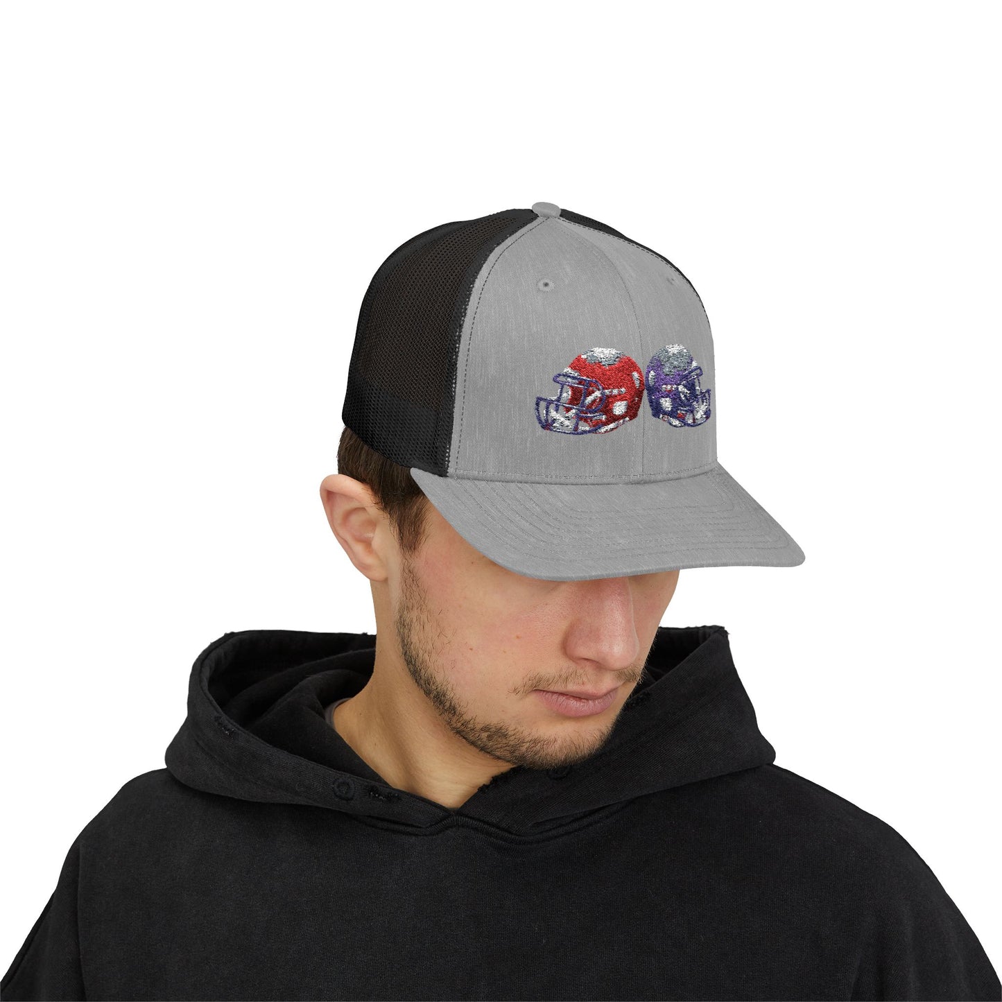 Sporty Snapback Trucker Cap with Football Helmets, Baseball Cap, Outdoor Activity Hat, Gift for Sports Fans, Team Spirit Wear