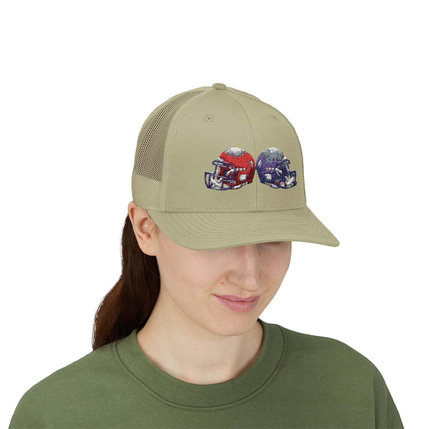 Sporty Snapback Trucker Cap with Football Helmets, Baseball Cap, Outdoor Activity Hat, Gift for Sports Fans, Team Spirit Wear