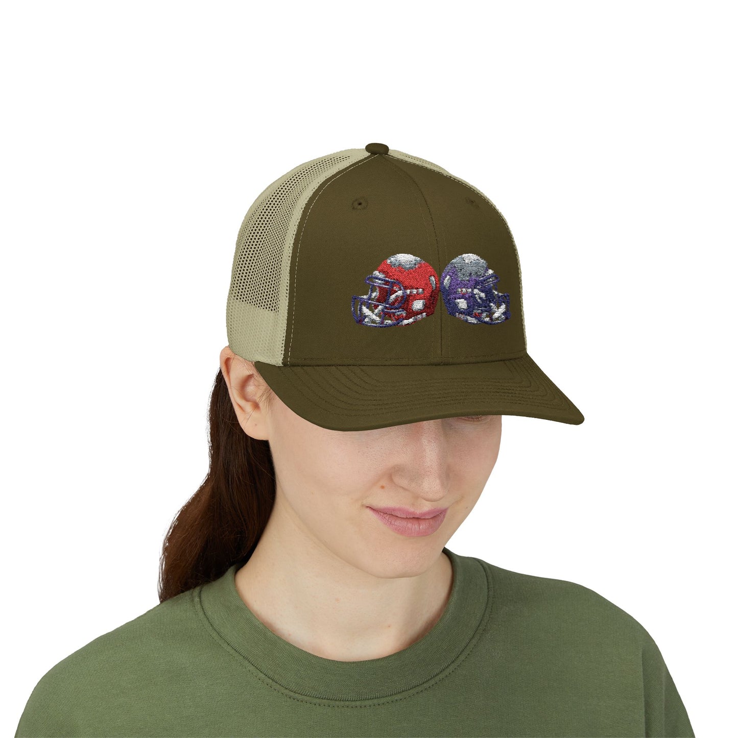 Sporty Snapback Trucker Cap with Football Helmets, Baseball Cap, Outdoor Activity Hat, Gift for Sports Fans, Team Spirit Wear
