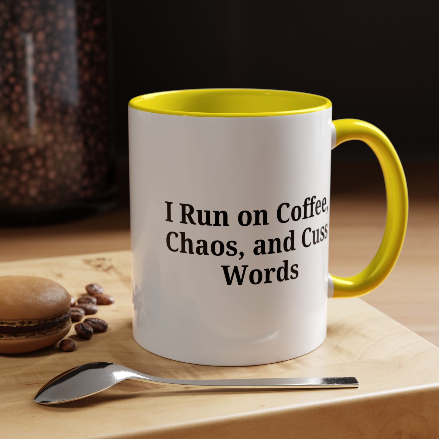 Funny Black Accent Coffee Mug - "I Run on Coffee, Chaos, and Cuss Words" - Ideal Gift for Coffee Lovers