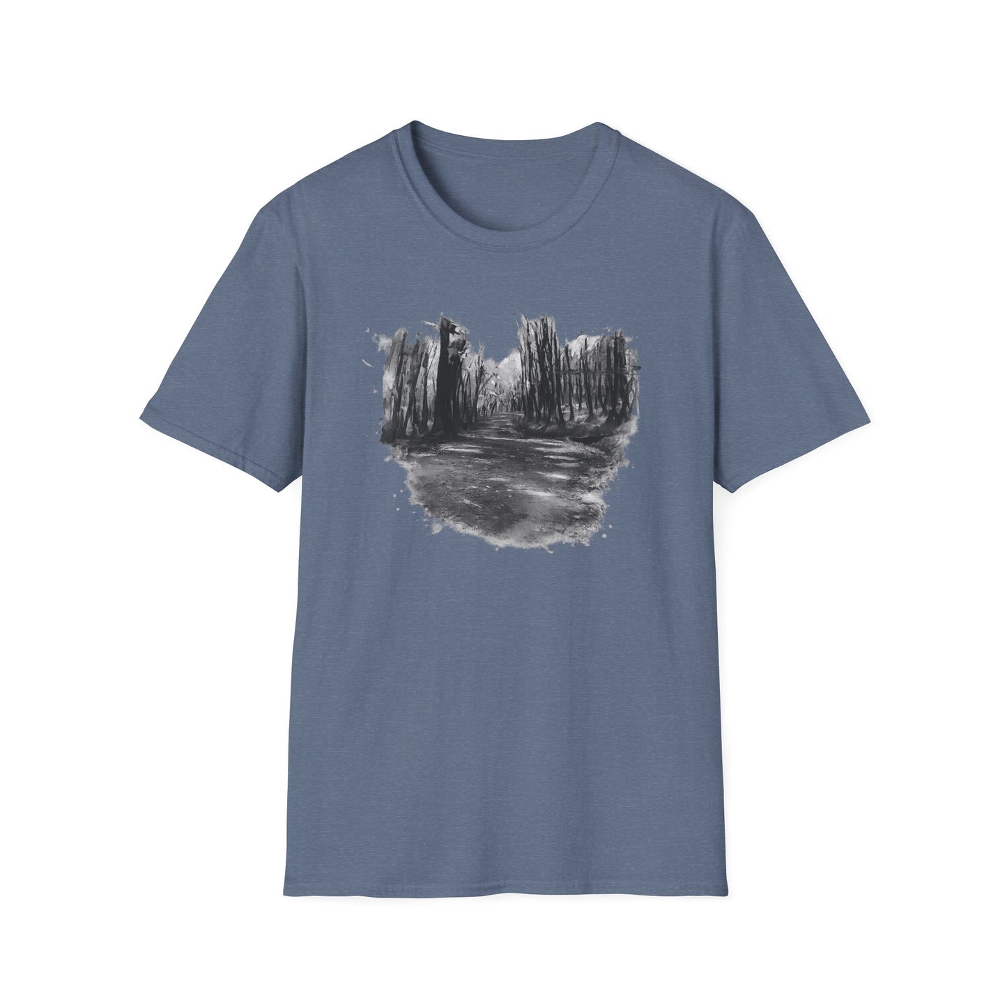 Unisex Softstyle T-Shirt with Abstract Landscape Art, Casual Wear, Gift for Art Lovers, Everyday Fashion, Nature Inspired Tee