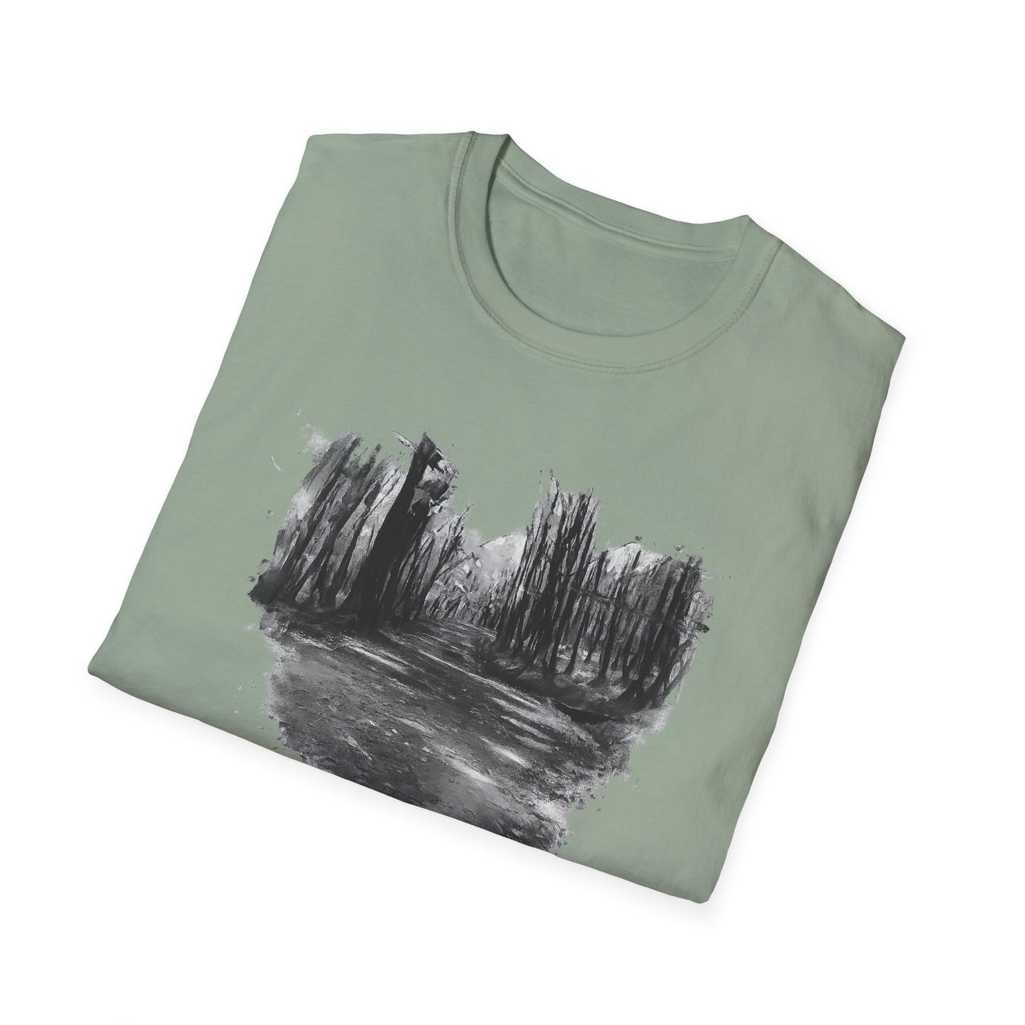 Unisex Softstyle T-Shirt with Abstract Landscape Art, Casual Wear, Gift for Art Lovers, Everyday Fashion, Nature Inspired Tee