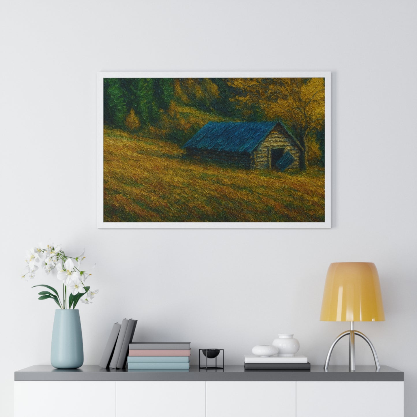 Rustic Cabin Framed Poster, Nature Wall Art, Cozy Home Decor, Gift for Farmhouse Lovers, Autumn Landscape Print